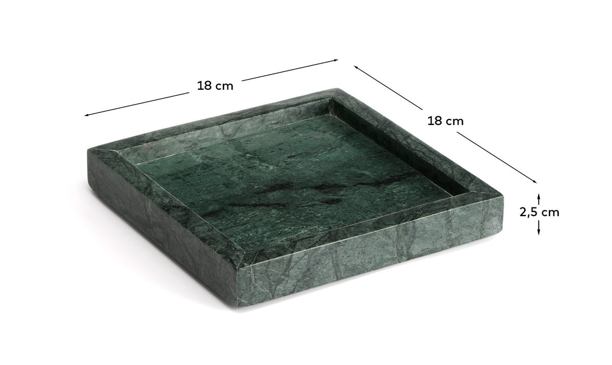 Quadratisches Tablett aus grünem Marmor mit sichtbarer Äderung, Masse 18 x 18 x 2.5 cm, Marke Kave Home, Serie Serela.