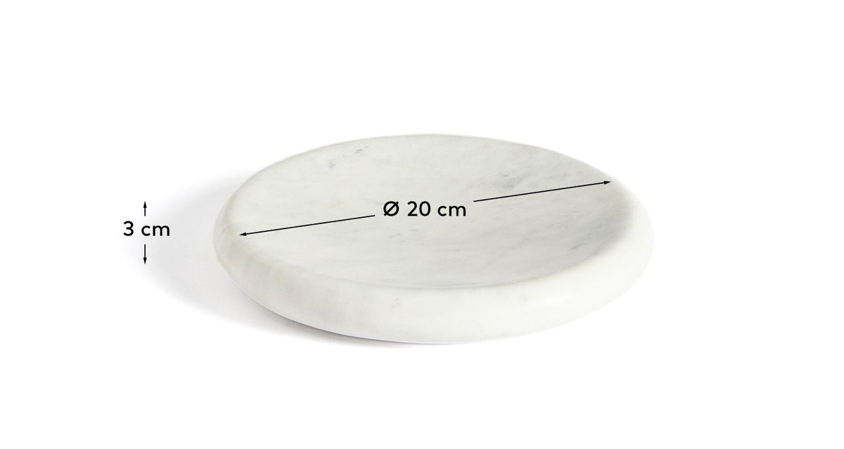 Rundes weisses Marmortablett Obena mit einem Durchmesser von 20 cm, glatte Oberfläche mit natürlicher Aderung, flache Form.