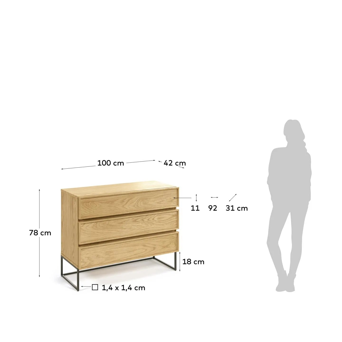 Die Taiana Kommode von Kave Home: Elegantes Eichenfurnier, stabiler schwarzer Stahlrahmen, 3 geräumige Schubladen, Maße 100 x 78 cm.