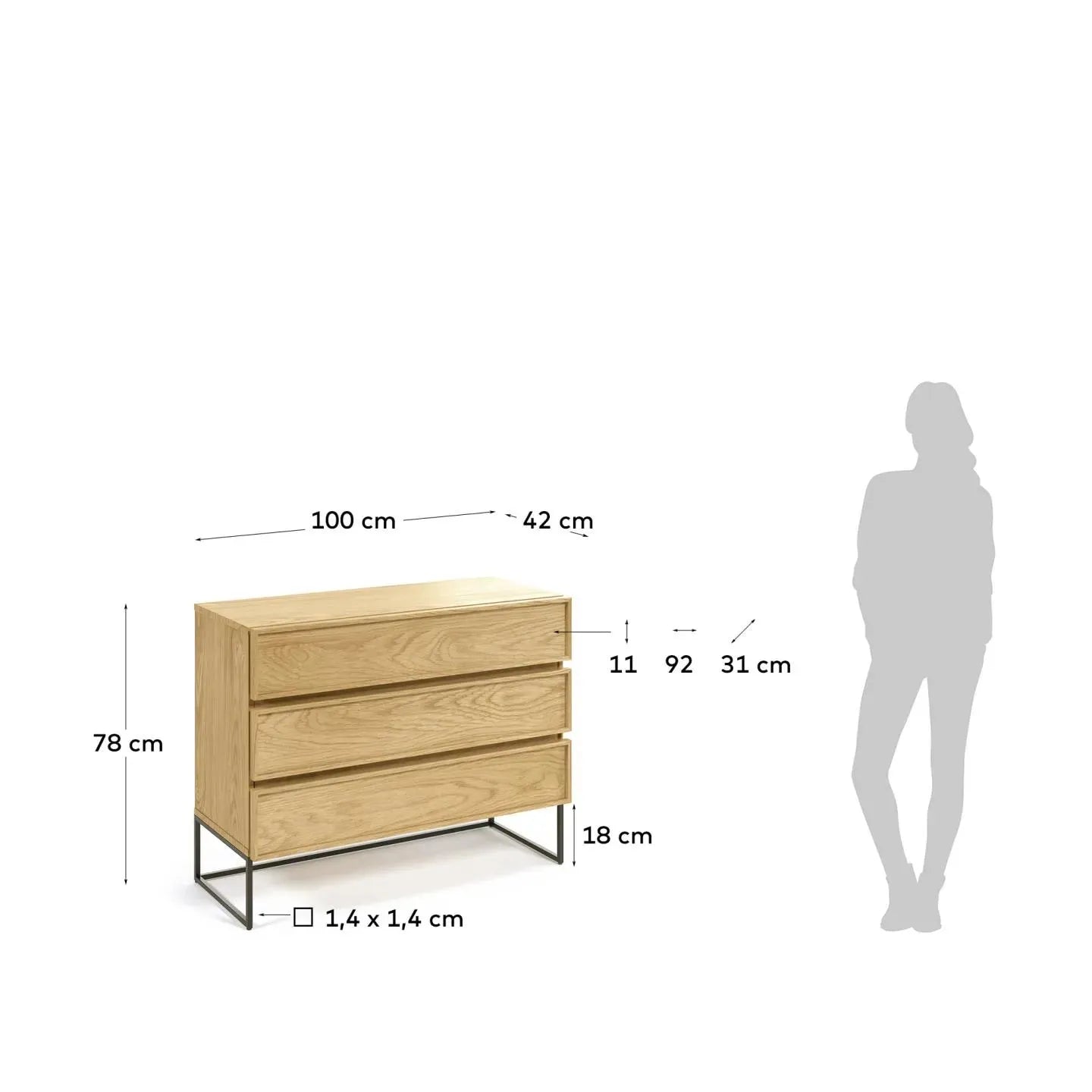 Die Taiana Kommode von Kave Home: Elegantes Eichenfurnier, stabiler schwarzer Stahlrahmen, 3 geräumige Schubladen, Maße 100 x 78 cm.