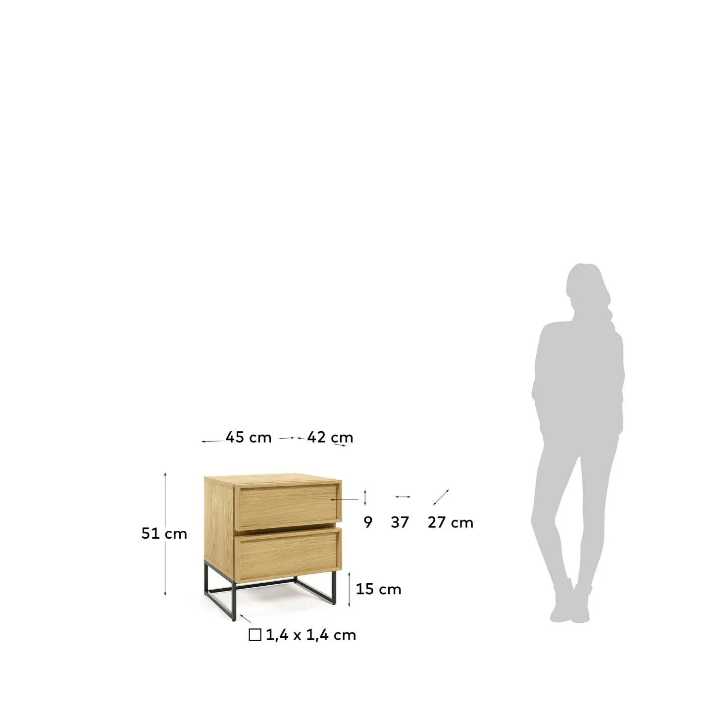 Moderner Nachttisch von Kave Home, 45x51 cm, mit Eichenfurnier und schwarzem Stahlgestell, ideal für stilvolle Schlafzimmer.