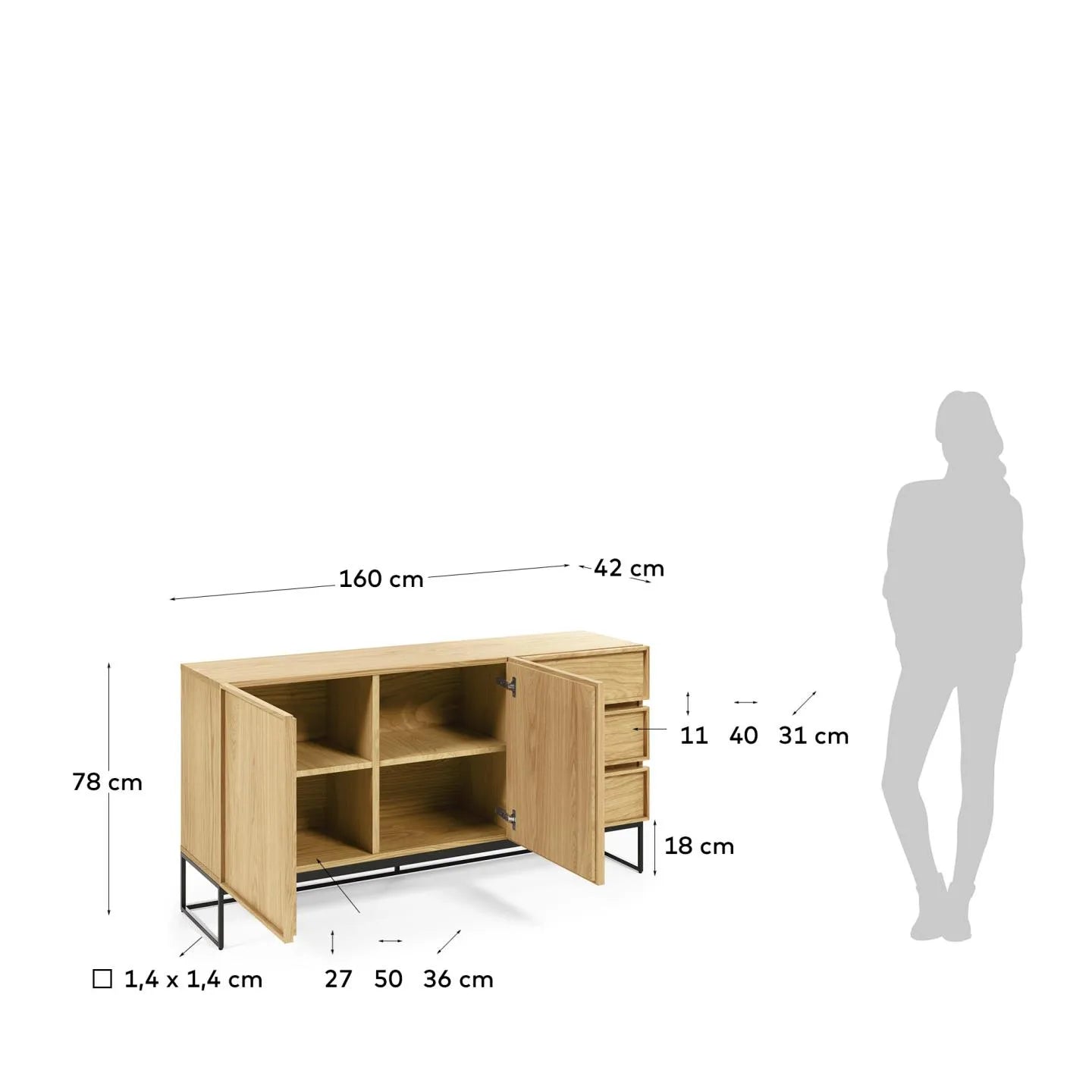 Modernes Sideboard mit Eichenfurnier, 2 Türen, 3 Schubladen und schwarzem Stahlgestell. Maße: 160x78 cm. Ideal für stilvolle Einrichtung.