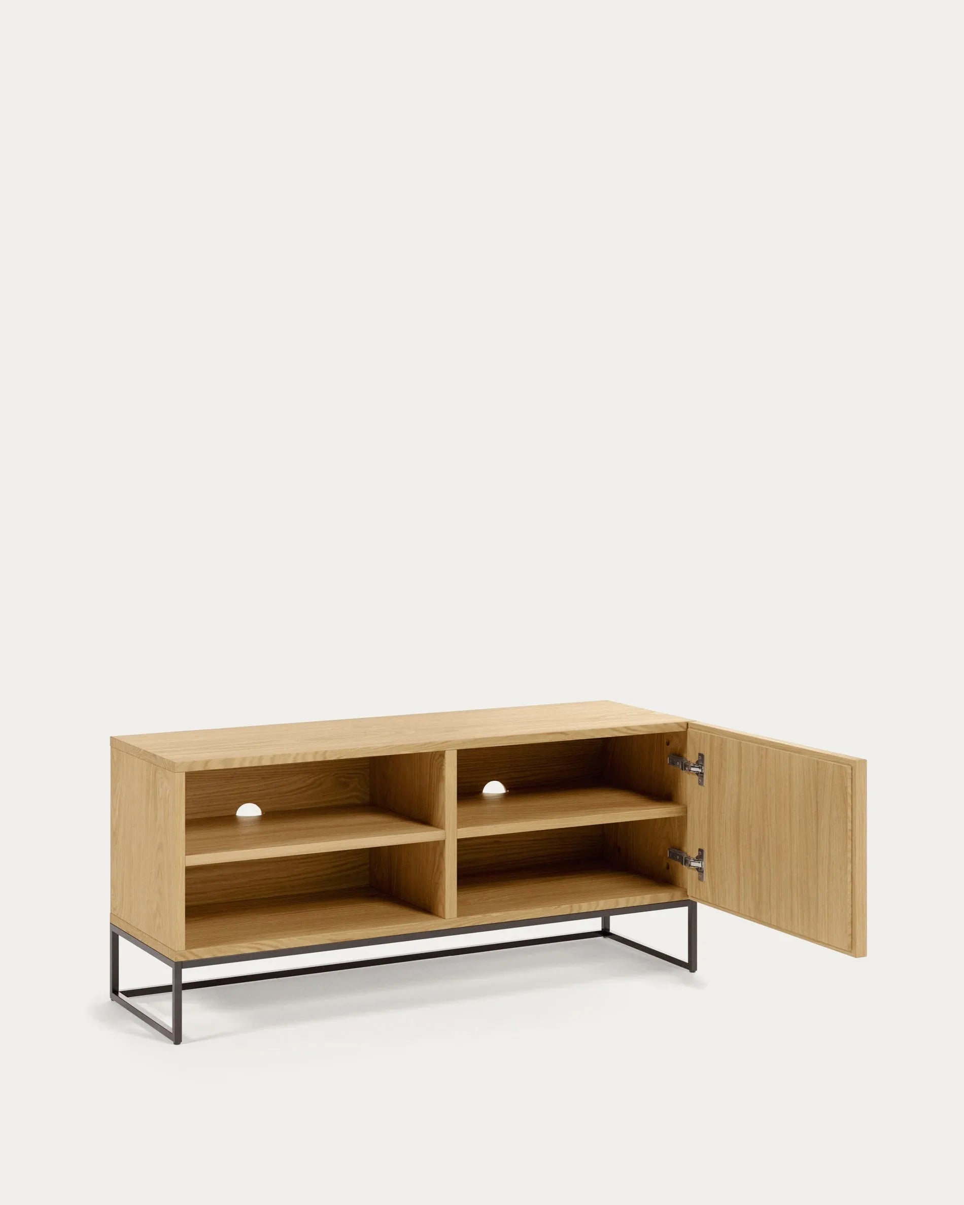 Eleganter TV-Schrank aus Eichenfurnier mit schwarzem Stahlgestell, bietet stilvollen Stauraum und modernen Industrie-Look.