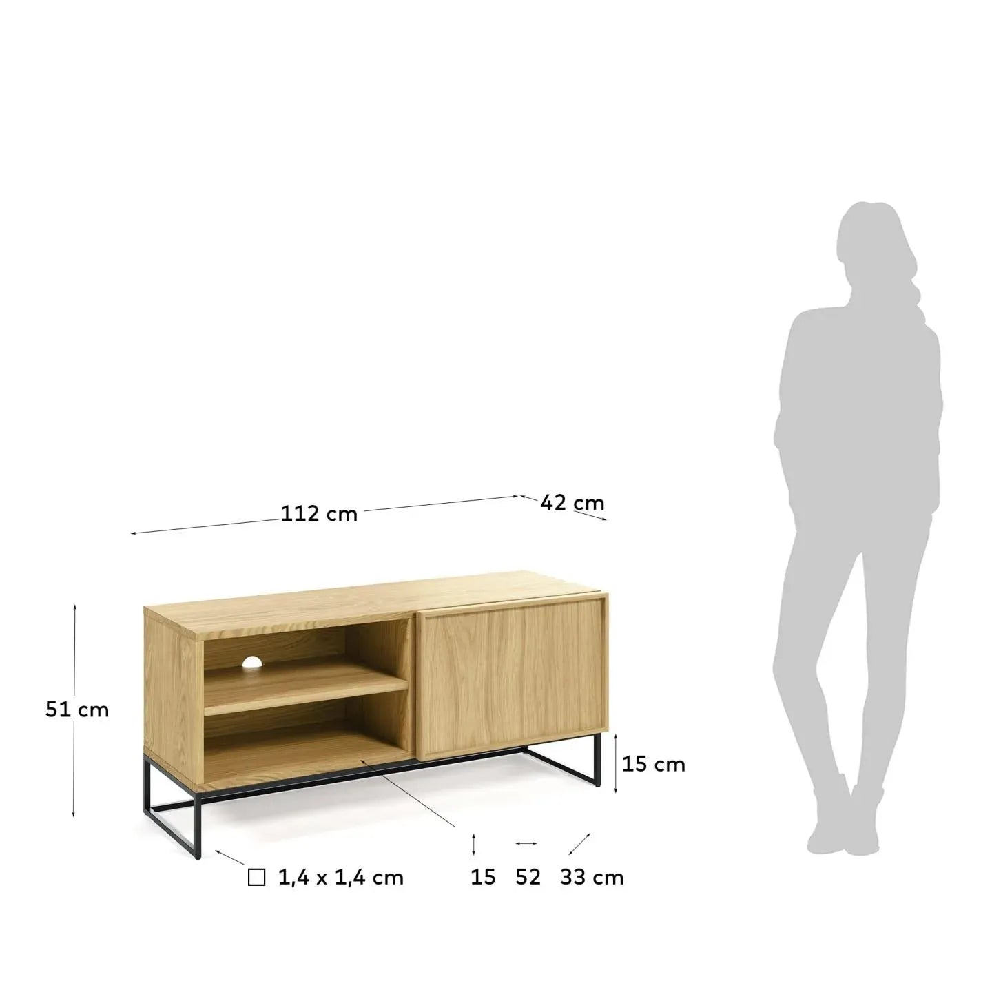 Eleganter TV-Schrank aus Eichenfurnier mit schwarzem Stahlgestell, bietet stilvollen Stauraum und modernen Industrie-Look.