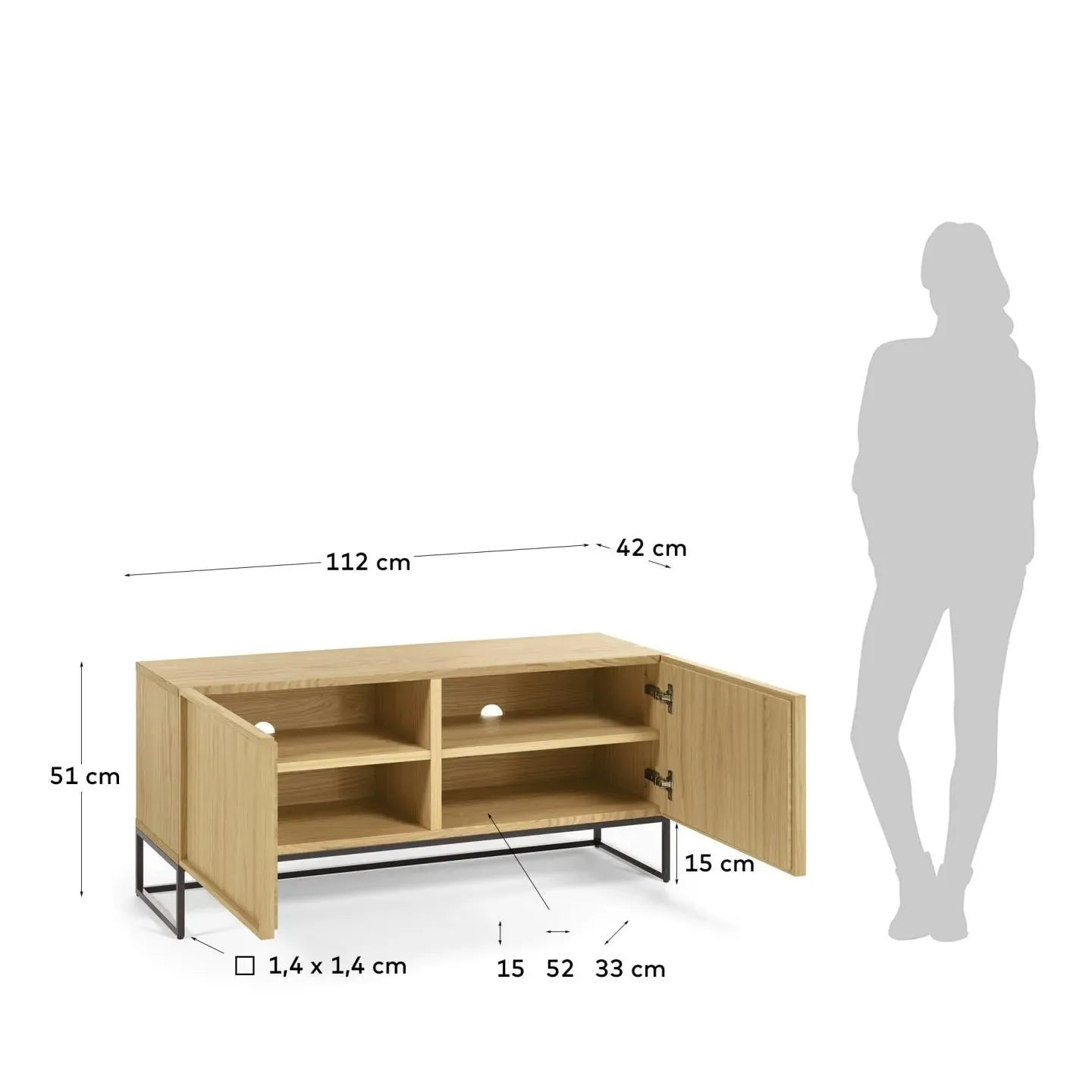 Eleganter TV-Schrank aus Eichenfurnier mit schwarzem Stahlgestell, ideal für moderne Wohnräume. Praktisch und stilvoll.