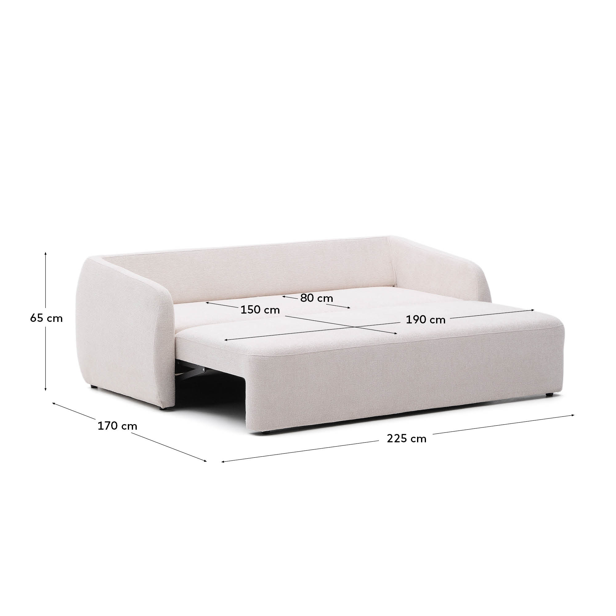Stilvolles Schlafsofa Laira, 3-Sitzer, 225 cm, in Chenille ecru, FSC-zertifiziert, ideal für moderne Wohnräume.
