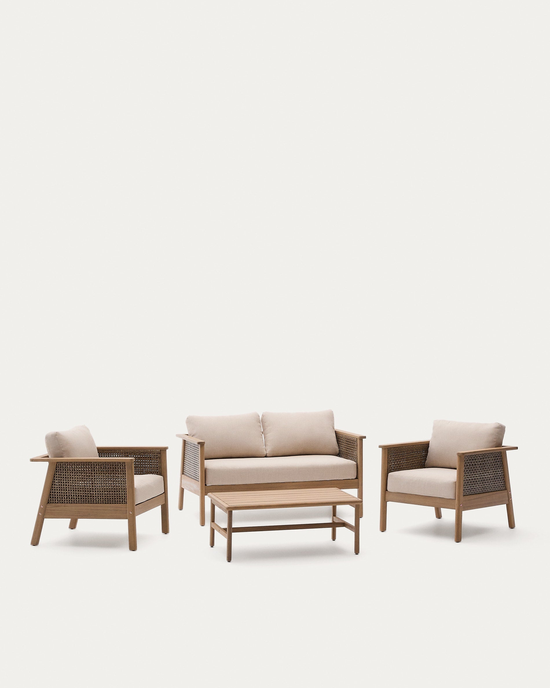 Set Alabe bestehend aus 2-Sitzer-Sofa, 2 Sesseln und Couchtisch aus Akazienholz 100% FSC