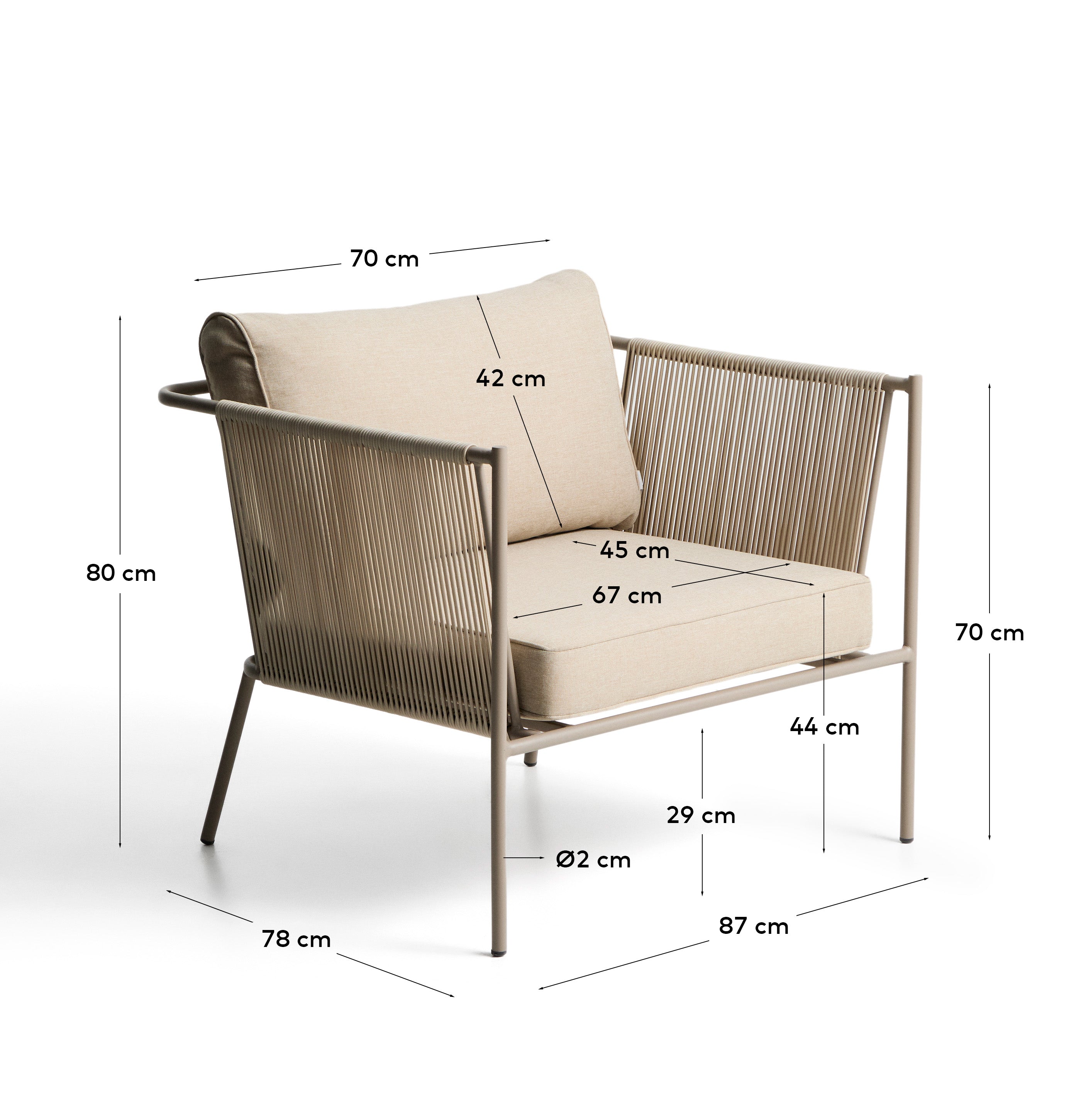 Outdoor-Sessel Zivia aus ecrufarbenem Seil und taupefarben verzinktem Stahl in Beige präsentiert im Onlineshop von KAQTU Design AG. Outdoor-Sessel ist von Kave Home