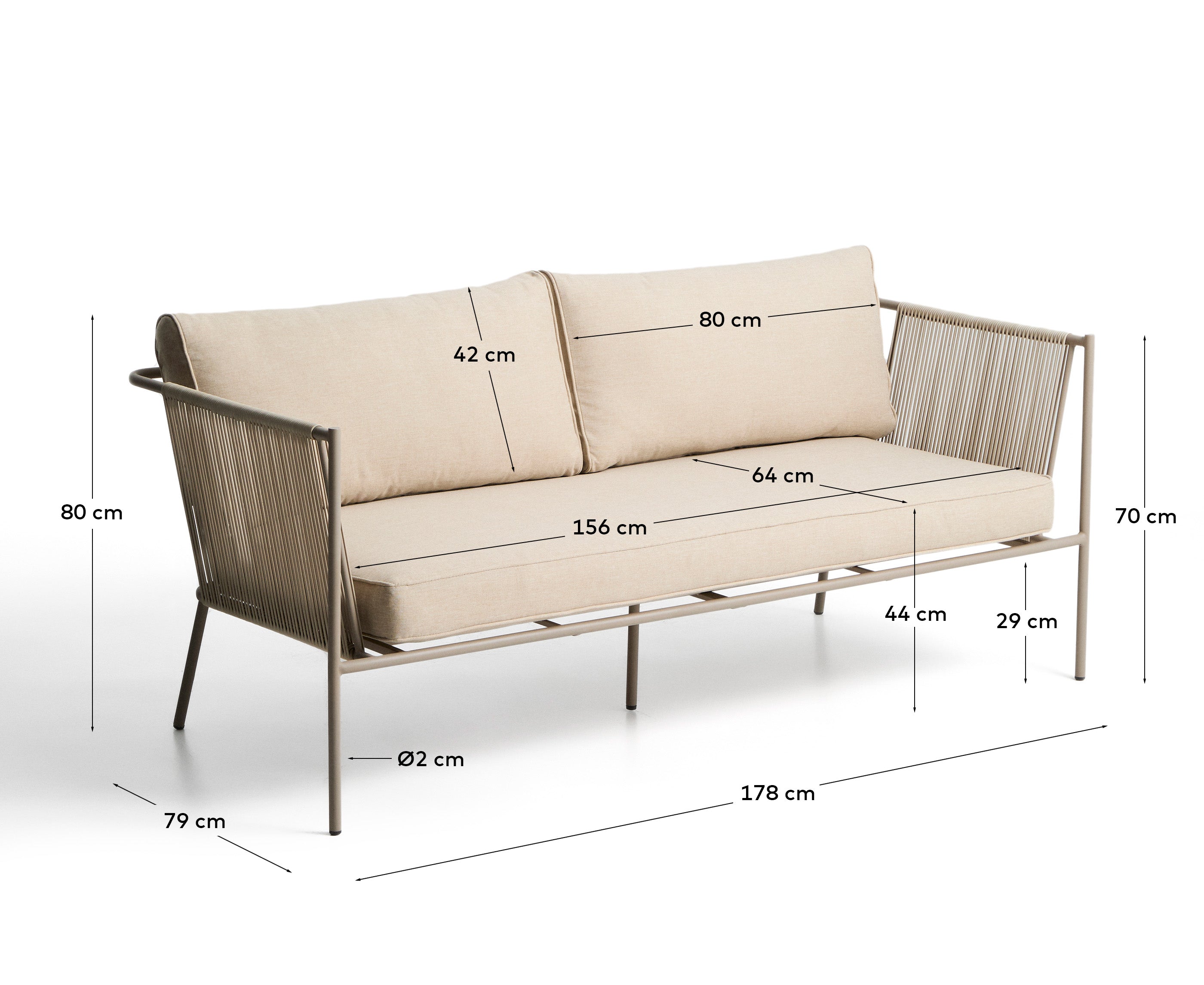 2-Sitzer-Outdoor-Sofa Zivia aus écrufarbenem Seil und taupefarben verzinktem Stahl 178 cm in Beige präsentiert im Onlineshop von KAQTU Design AG. Loungesofa ist von Kave Home