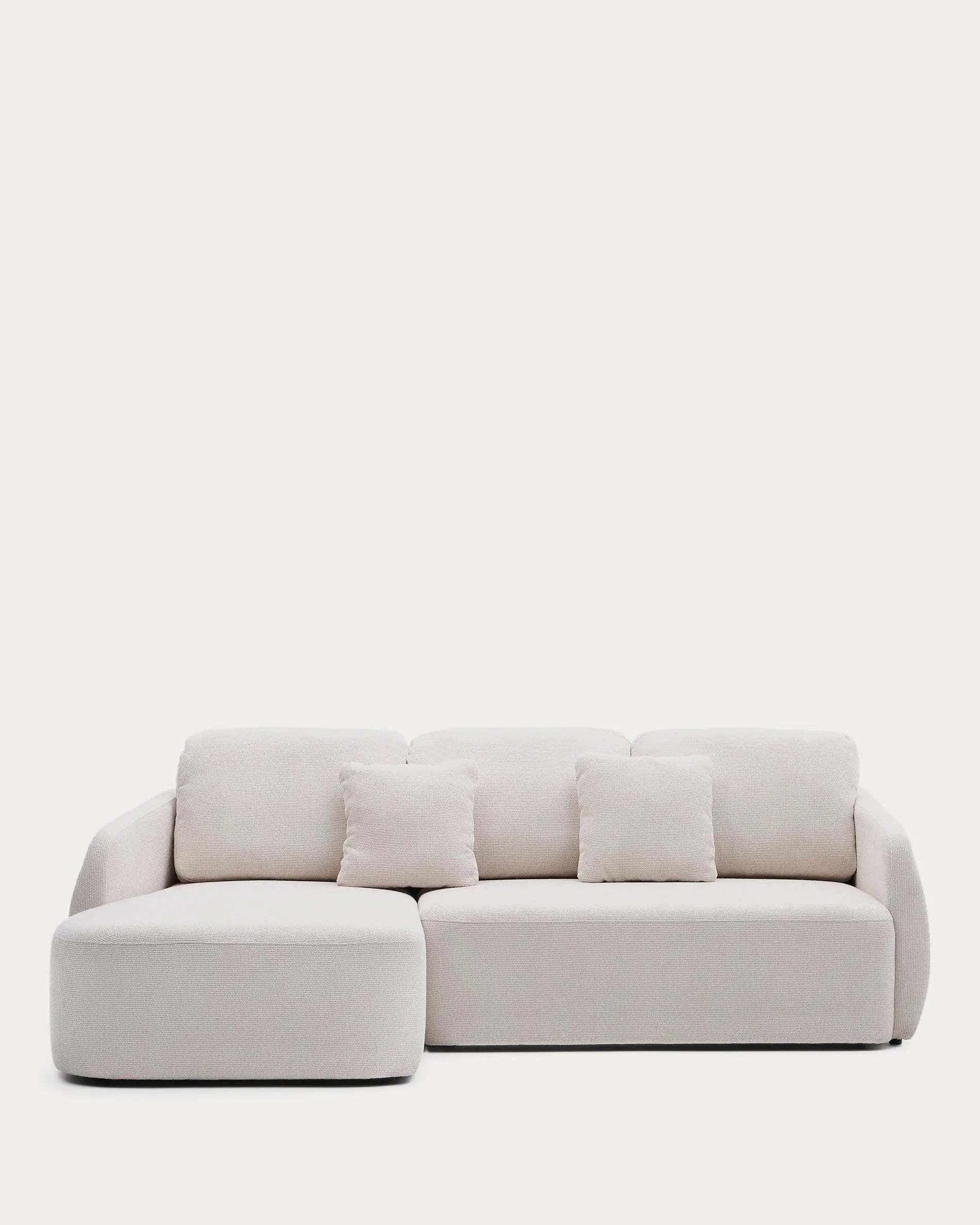 Elegantes 3-Sitzer Schlafsofa mit Chaiselongue links, Chenille-Bezug in Ecru, FSC-zertifiziert, 246 cm breit.