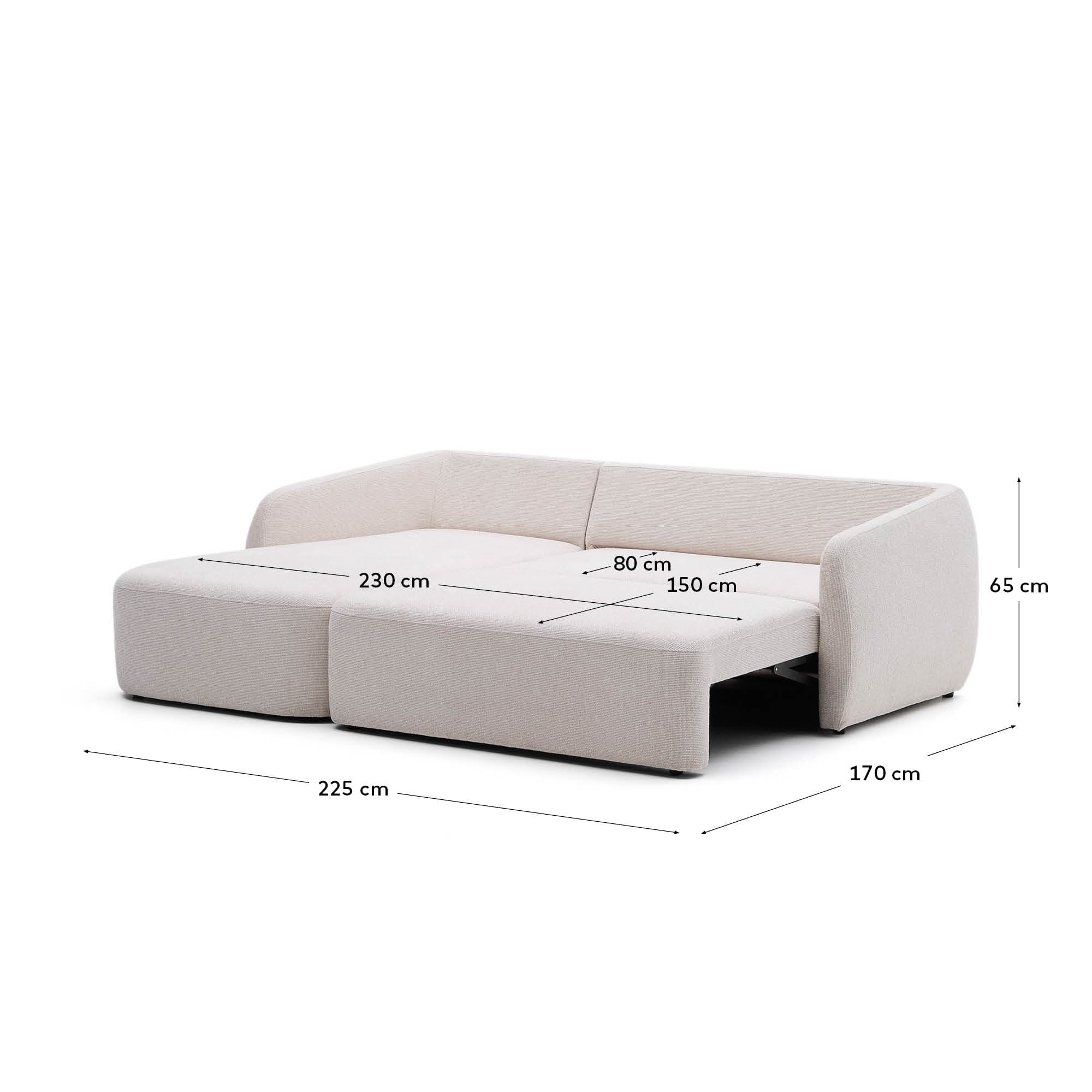 Stilvolles Schlafsofa Laira, 3-Sitzer mit linker Chaiselongue, aus Chenille in Ecru, 246 cm, FSC-zertifiziert, nachhaltig.