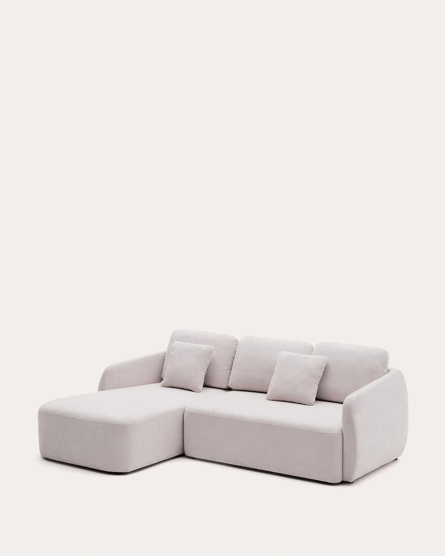 Stilvolles Schlafsofa Laira, 3-Sitzer mit linker Chaiselongue, Chenille in Ecru, 246 cm, nachhaltig mit FSC-Zertifikat.