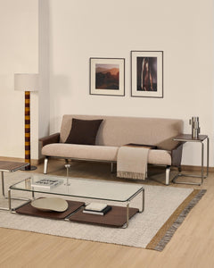 3-seater Amsen sofa in light brown made of walnut plywood and legs made of brushed stainless steel 190 cm