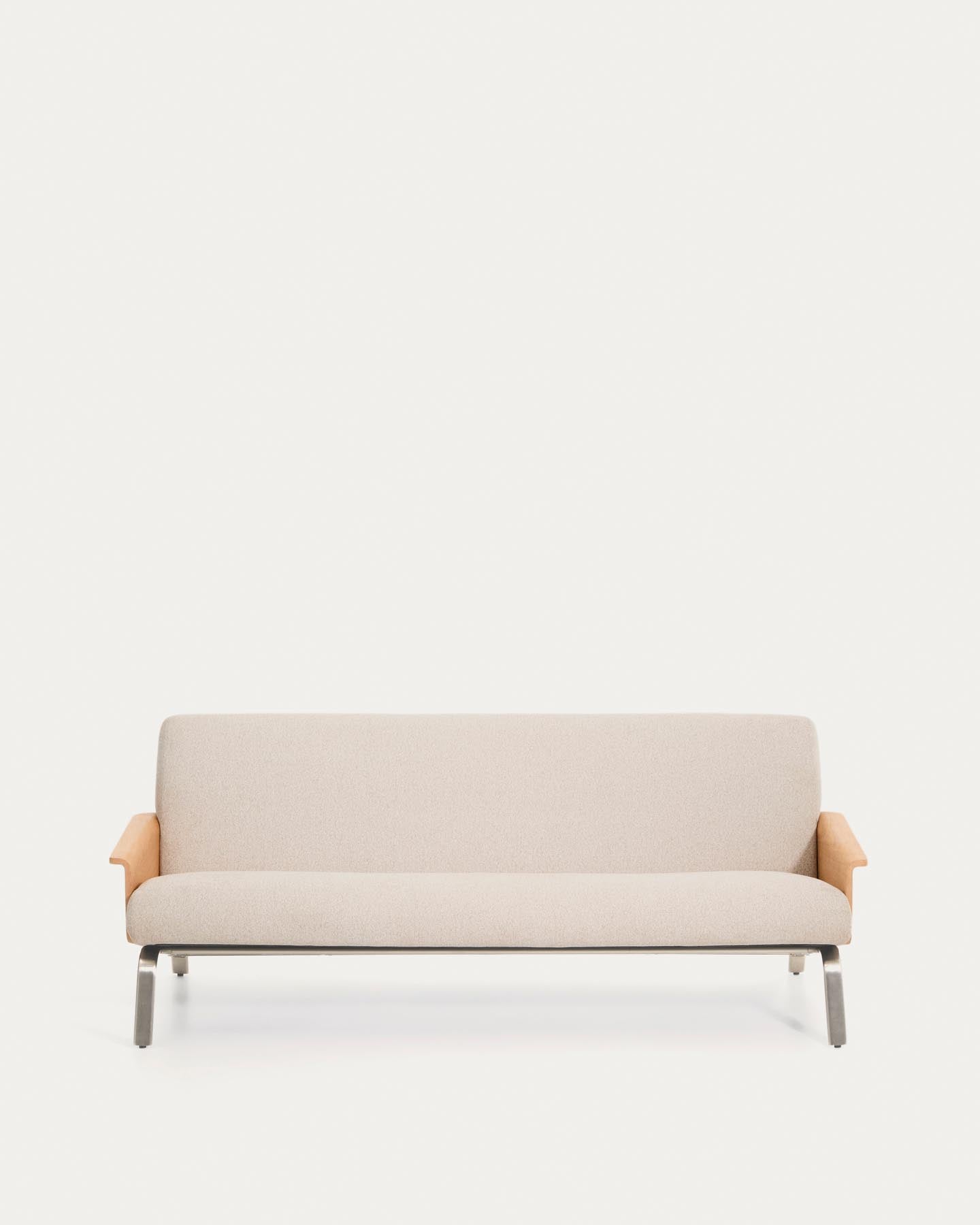 3-Sitzer-Sofa Amsen aus Eichensperrholz mit beiger Chenille und Beinen aus em gebürsteten Edelstahl 190 cm in Beige präsentiert im Onlineshop von KAQTU Design AG. 3er Sofa ist von Kave Home