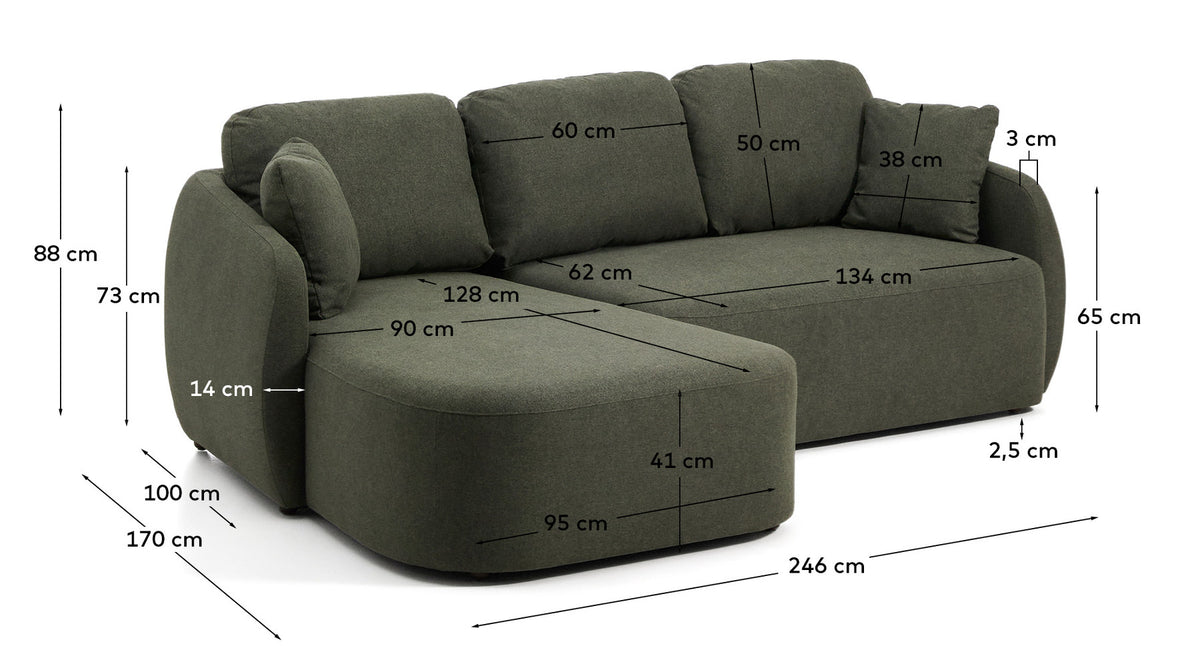 3-Sitzer-Bettsofa Laira in dunkelgrüner Chenille und Chaiselongue links, 246 cm, FSC Mix Credit in Dunkelgrün präsentiert im Onlineshop von KAQTU Design AG. Bettsofa ist von Kave Home