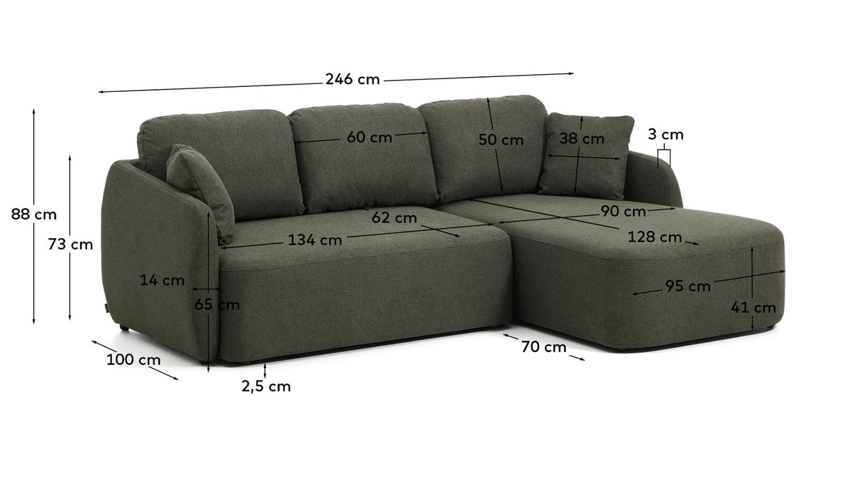 Dunkelgrünes Bettsofa Laira mit Chaiselongue rechts, Bezug aus grob strukturierter Chenille