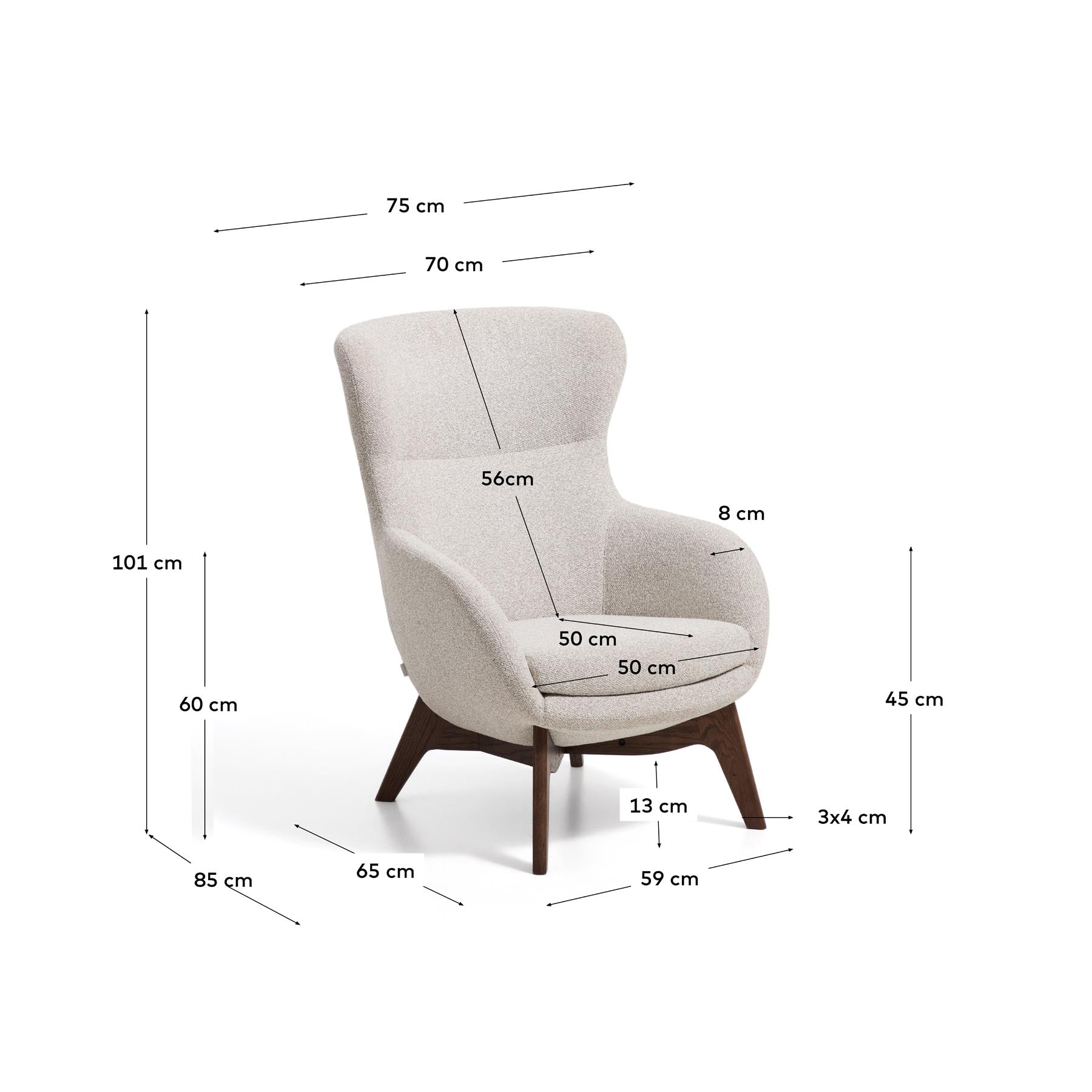 Sessel Adiran mit dicker Chenille in Beige und Beinen aus massivem Eichenholz mit Nussbaum-Finish in Beige präsentiert im Onlineshop von KAQTU Design AG. Sessel ist von Kave Home