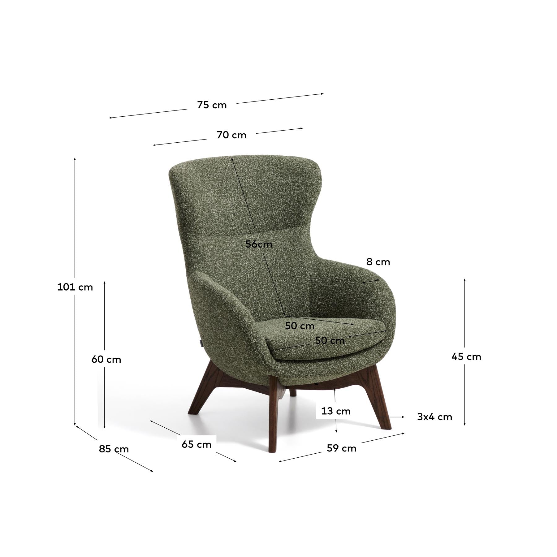 Sessel Adiran mit dicker Chenille in Moosgrün und Beinen aus massivem Eichenholz mit Nussbaum-Finish in Dunkelgrün präsentiert im Onlineshop von KAQTU Design AG. Sessel ist von Kave Home
