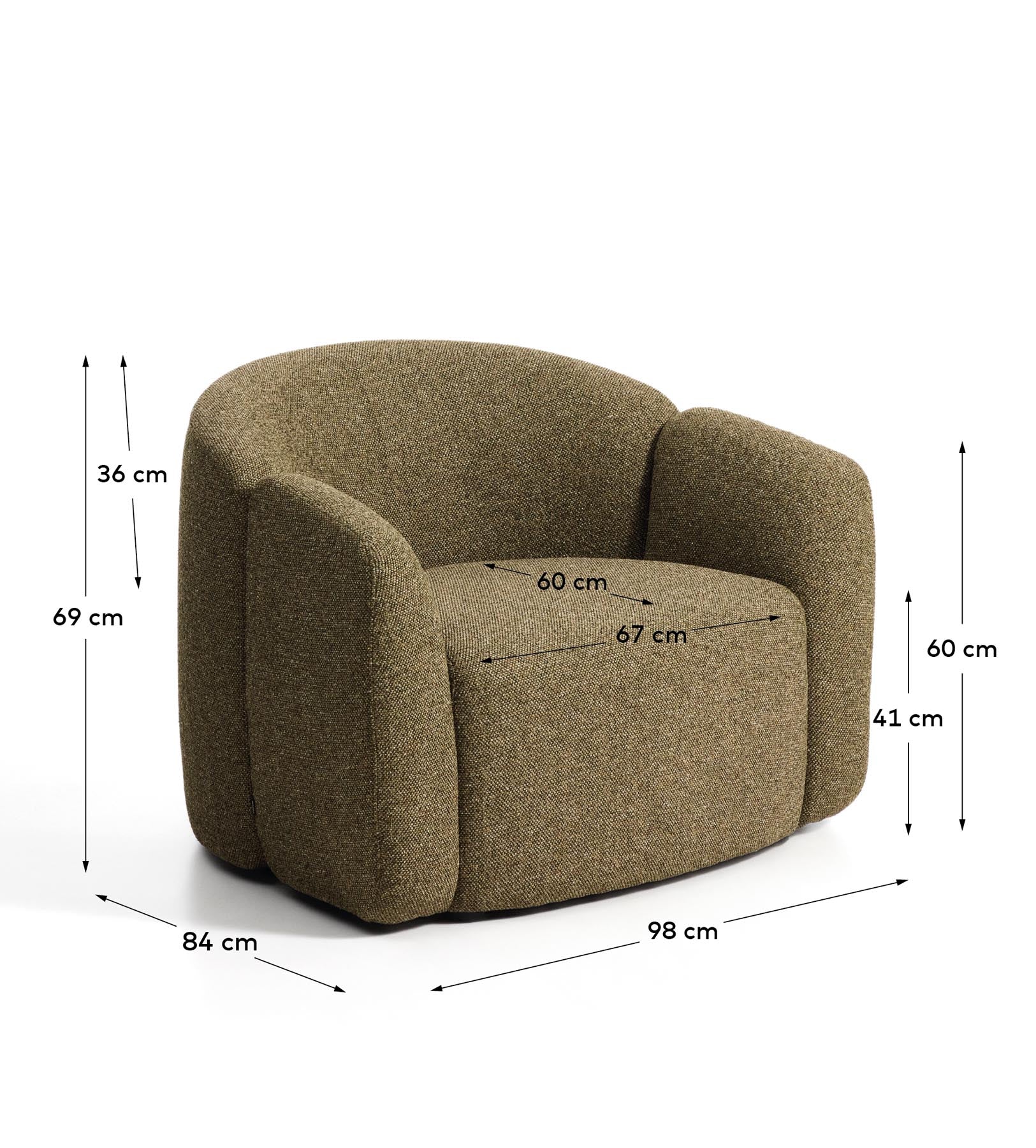 Sessel Corvena aus Chenille in Olivgrün FSC-Mix-Kredit 98 cm in Grün präsentiert im Onlineshop von KAQTU Design AG. Sessel ist von Kave Home
