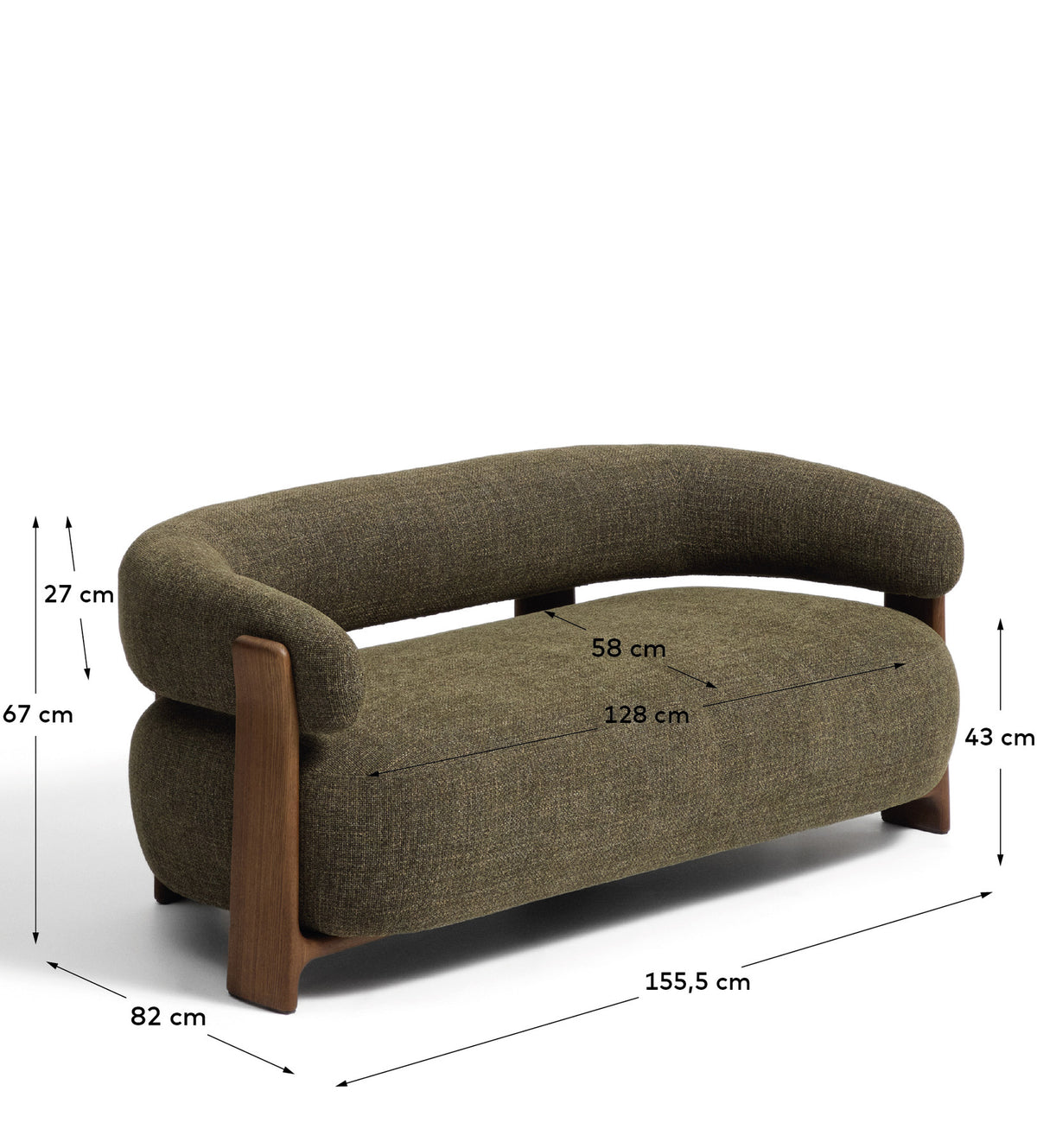 2-Sitzer-Sofa Granite mit grüner Chenille und Beinen aus massivem Eschenholz mit Nussbaumfinish, 155 cm, FSC 100 % in Dunkelgrün präsentiert im Onlineshop von KAQTU Design AG. 2er Sofa ist von Kave Home