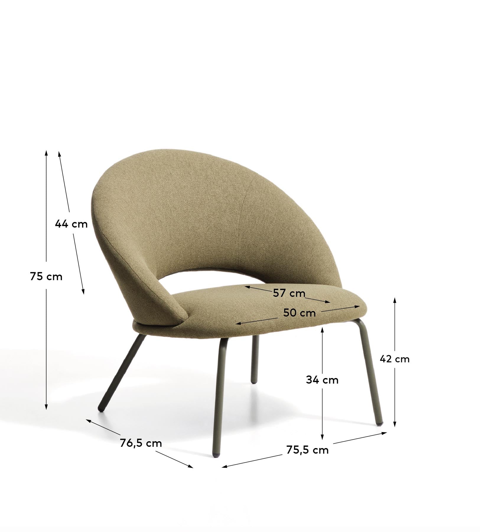 Sessel Bonali mit grüner Chenille und grünen Metallbeinen, FSC Mix Credit  in Grün präsentiert im Onlineshop von KAQTU Design AG. Sessel ist von Kave Home