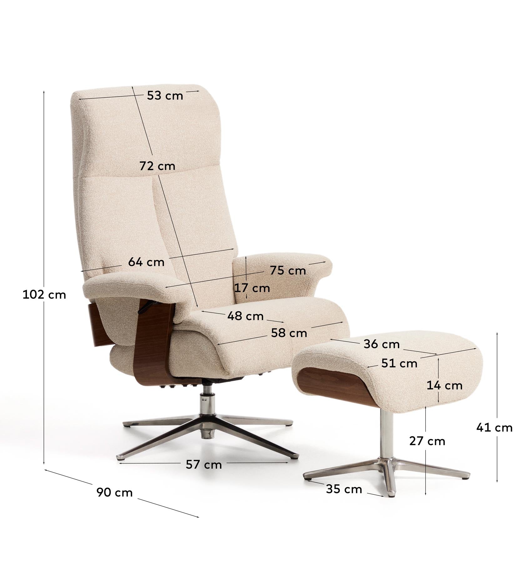 Verstellbarer Drehsessel Toriel mit Fussablage in beigem Microbouclé und mit Beinen aus Aluminium, FSC Mix Credit in Beige präsentiert im Onlineshop von KAQTU Design AG. Drehsessel ist von Kave Home
