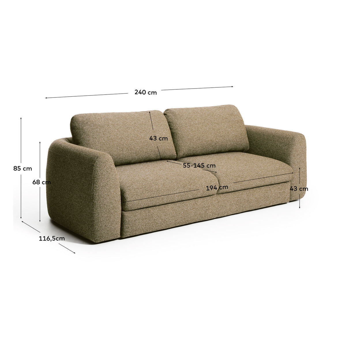 4-Sitzer Bettsofa Vera in Dunkelgrün mit abgerundeten Armlehnen, schwarzen Beinen und texturiertem Gewebebezug, Y-open Öffnungssystem sichtbar.