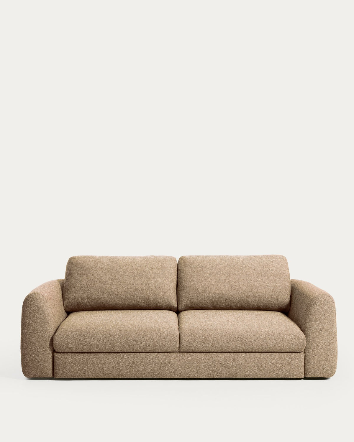 Taupefarbenes 4-Sitzer Schlafsofa Vera mit abgerundeten Armlehnen, schwarzen Beinen und strukturierter Gewebepolsterung, 240 cm breit.