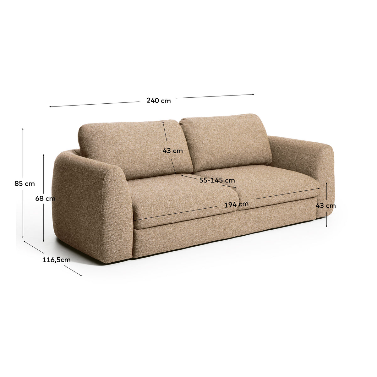Taupefarbenes 4-Sitzer Schlafsofa Vera mit abgerundeten Armlehnen, schwarzen Beinen und strukturierter Gewebepolsterung, 240 cm breit.