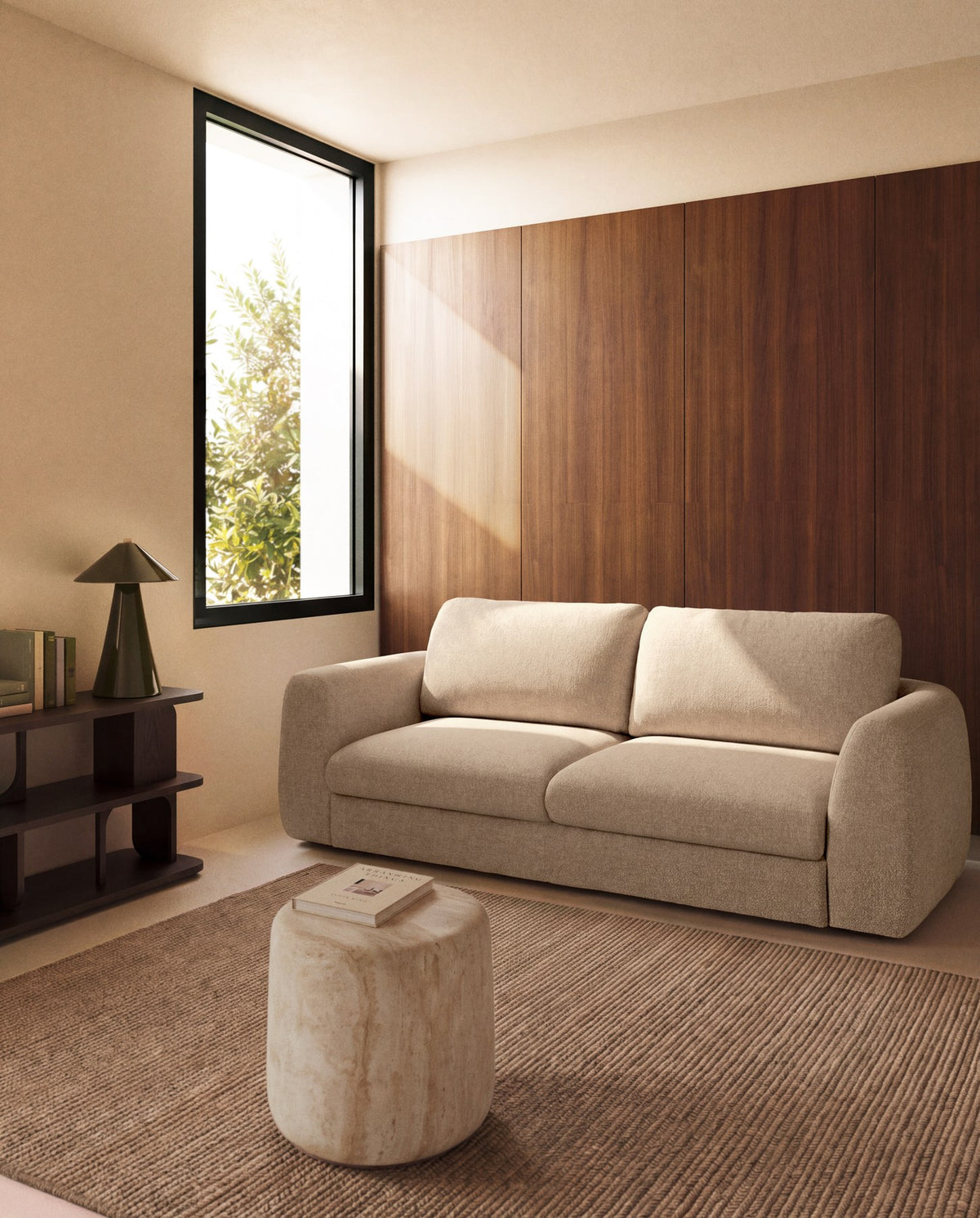 4-Sitzer Schlafsofa Vera in Beige von Kave Home mit abgerundeten Armlehnen, schwarzen Beinen und grob strukturiertem Gewebebezug, Bettsofa 240 cm breit.