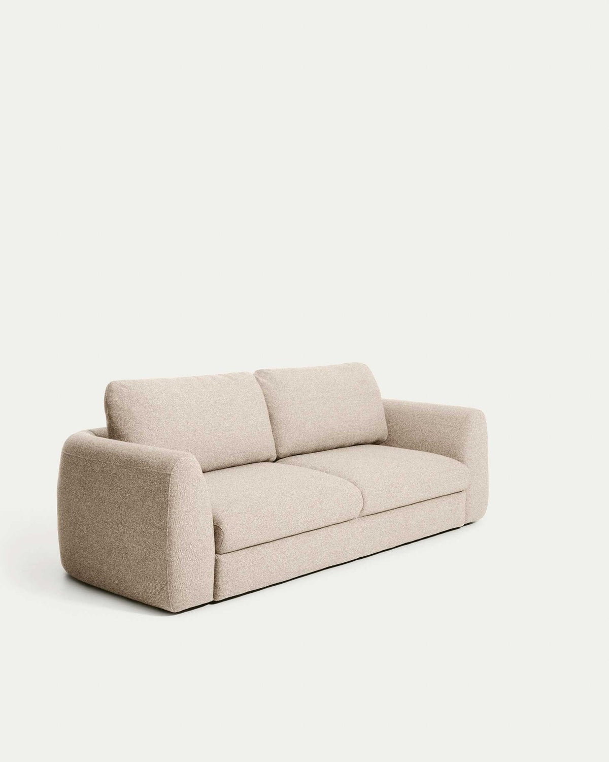 4-Sitzer Schlafsofa Vera in Beige von Kave Home mit abgerundeten Armlehnen, schwarzen Beinen und grob strukturiertem Gewebebezug, Bettsofa 240 cm breit.