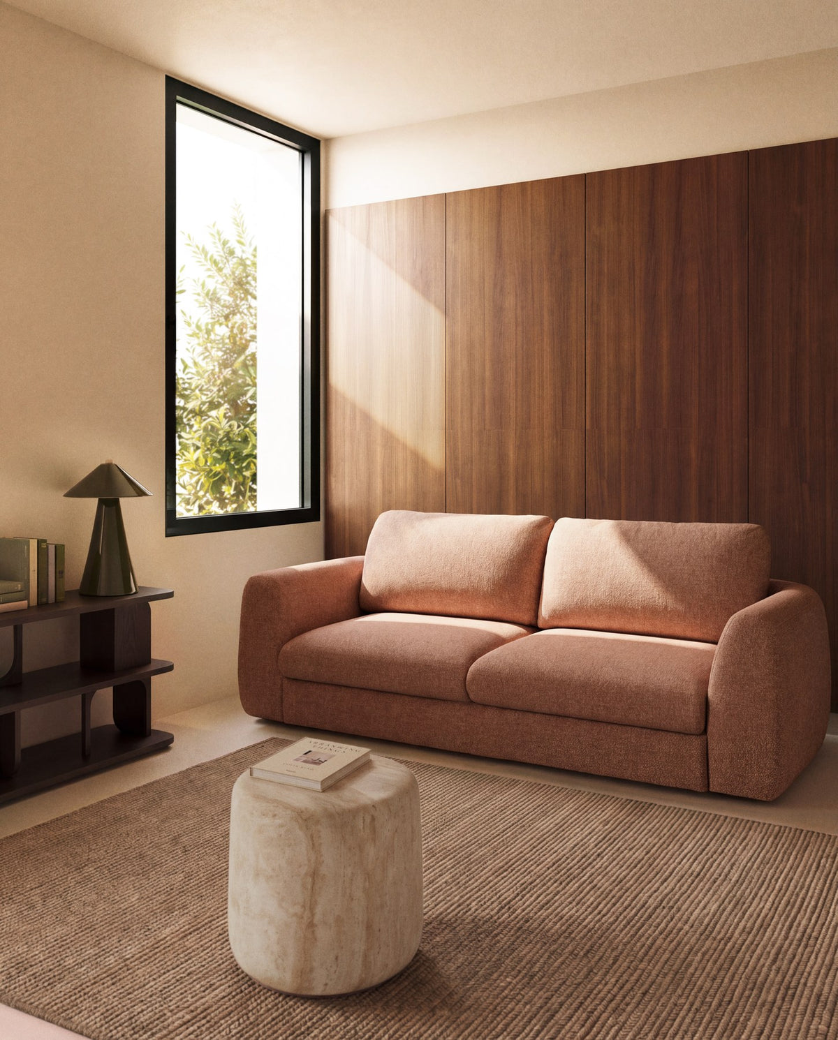 Foto des 4-Sitzer Schlafsofas Vera in Terrakotta von Kave Home mit abgerundeten Armlehnen, schwarzen Beinen und strukturiertem Gewebebezug.