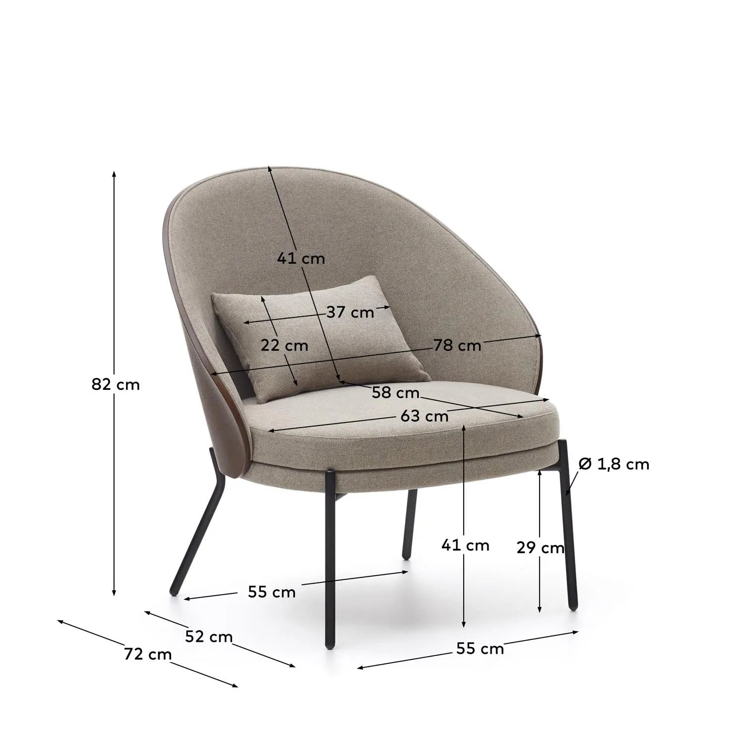 Eamy Sessel: Hellbraunes Eschenfurnier, Wenge-Finish, schwarzes Metall.