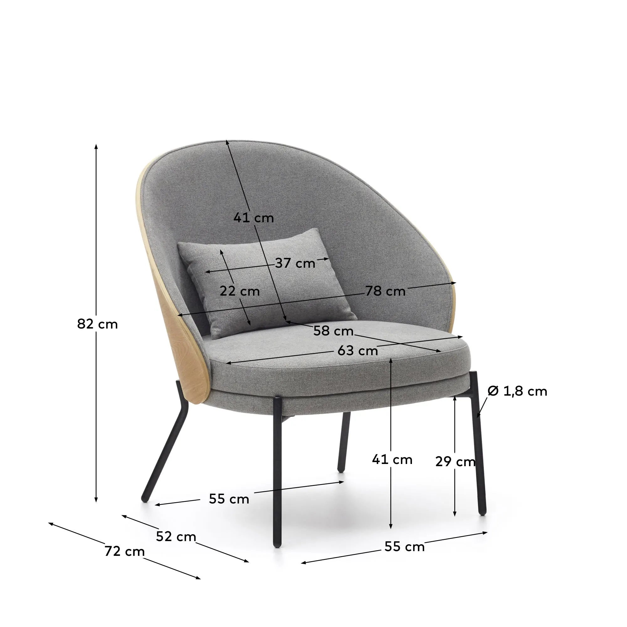 Eleganter Eamy Sessel in hellgrau mit Eschenfurnier und schwarzem Metall, vereint Komfort und modernes Design.