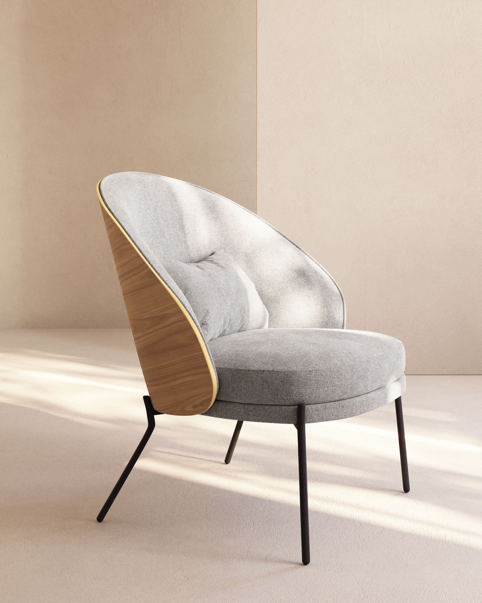Moderner Eamy Sessel in hellgrau mit Eschenfurnier und schwarzem Metallgestell, stilvoll und komfortabel für jedes Interieur.