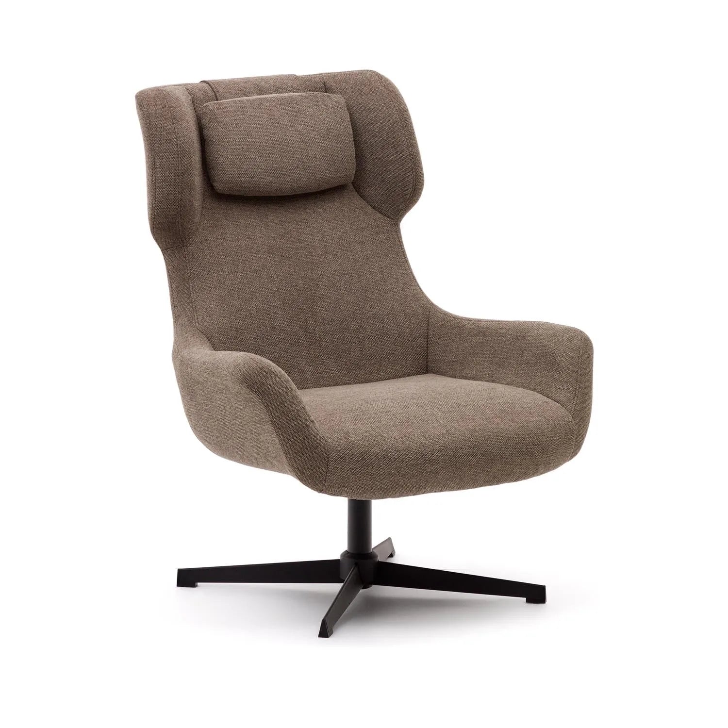 3D-Modell des Zalina Drehsessels: hellbraunes Chenille, schwarzer Stahl, modernes Design, ideal für Wohnzimmer.