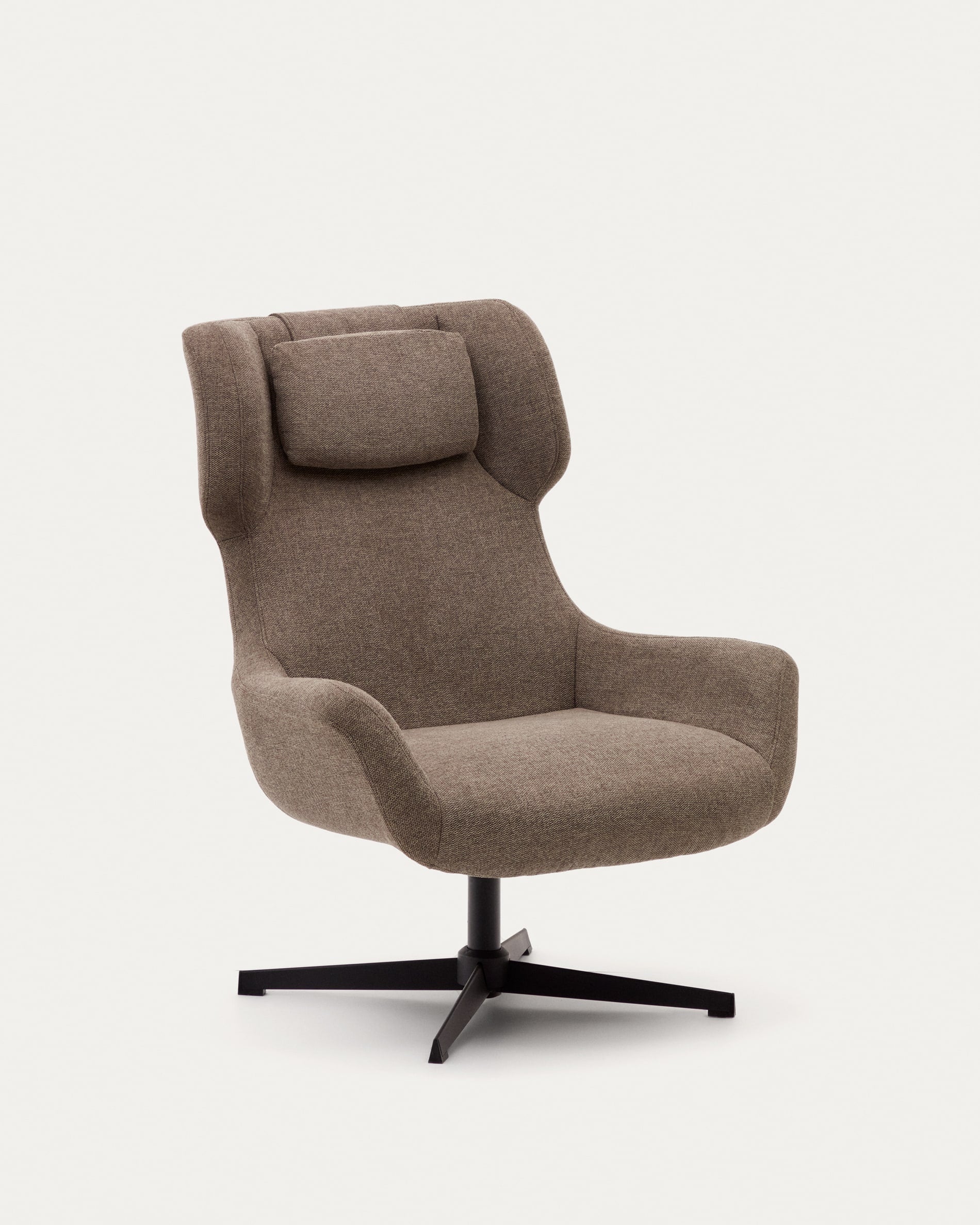3D-Modell des Zalina Drehsessels: hellbraunes Chenille, schwarzer Stahl, modernes Design, ideal für Wohnzimmer.