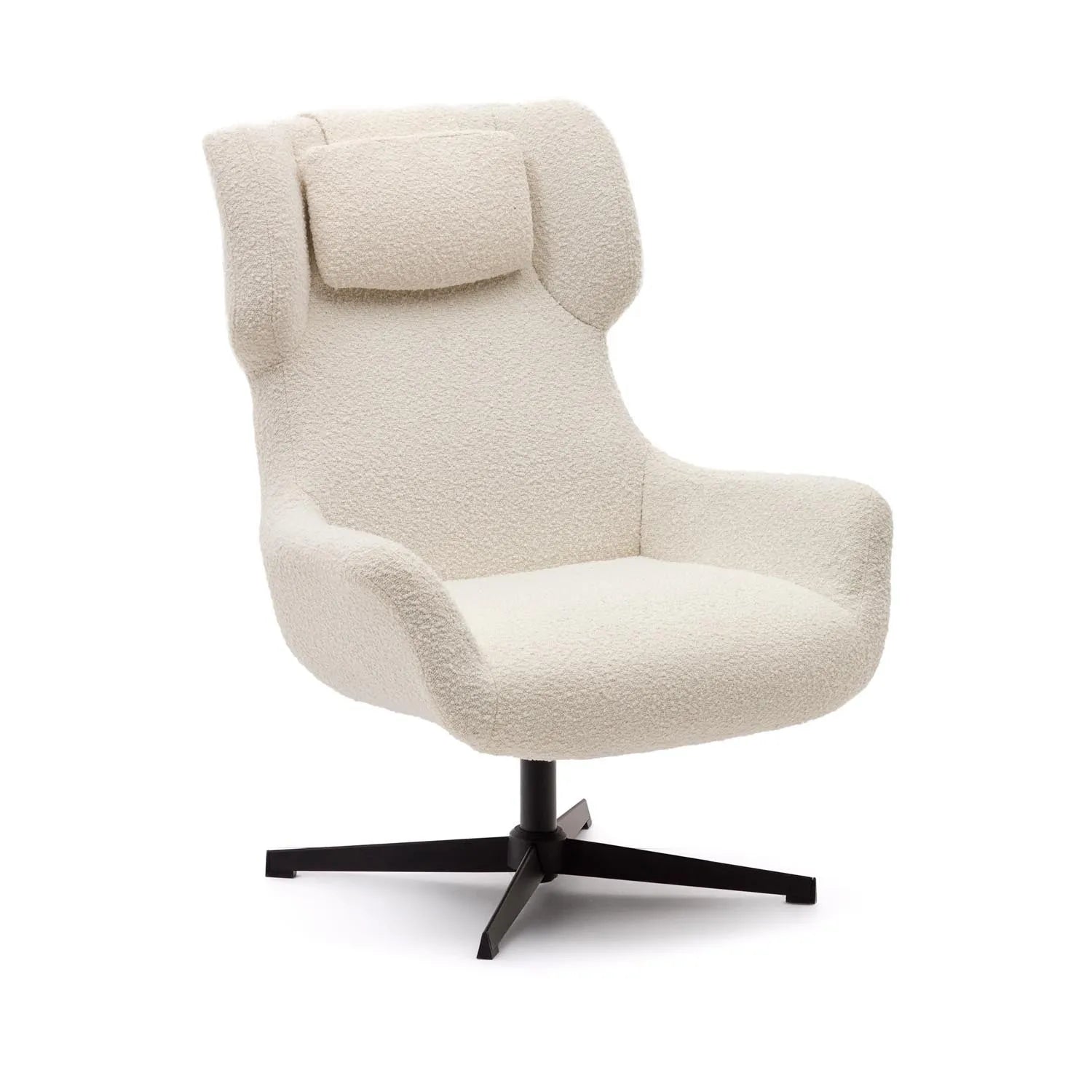 3D-Modell: Zalina Drehsessel, weißes Bouclé, schwarzer Stahl, ergonomisch, drehbar, stilvoll für Wohnzimmer.