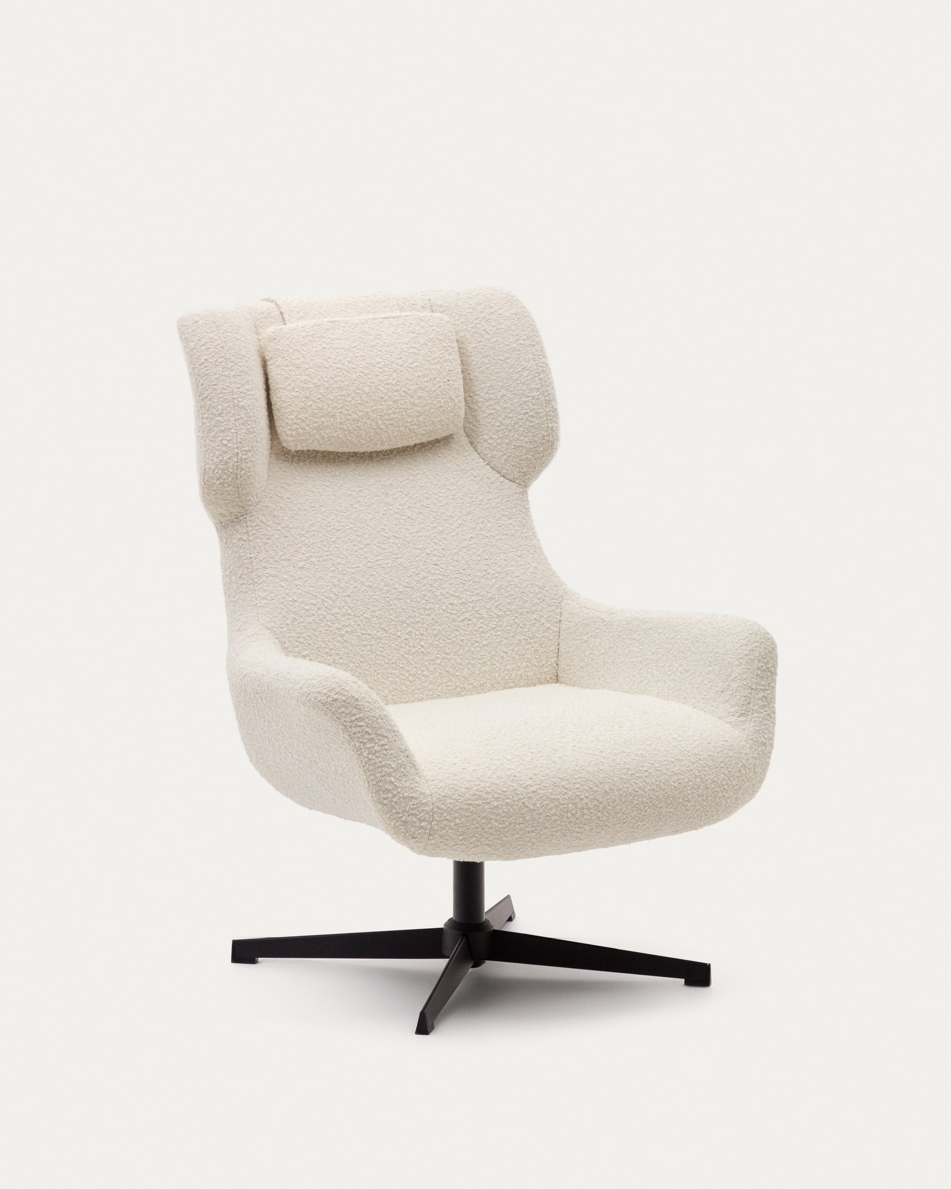 3D-Modell: Zalina Drehsessel, weisses Bouclé, schwarzer Stahl, ergonomisch, drehbar, stilvoll für Wohnzimmer.