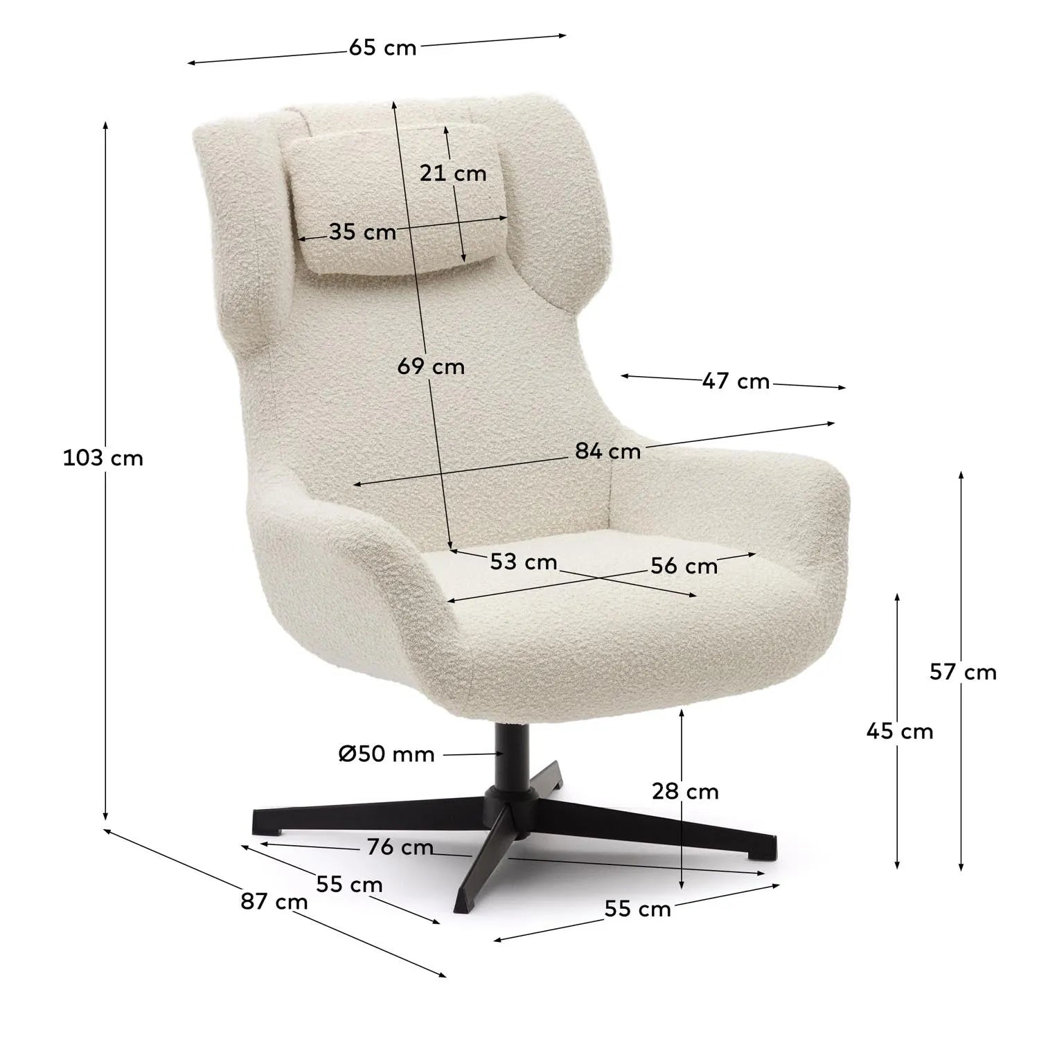 Zalina Drehsessel: Weißes Bouclé auf schwarzem Stahl, modern & chic.