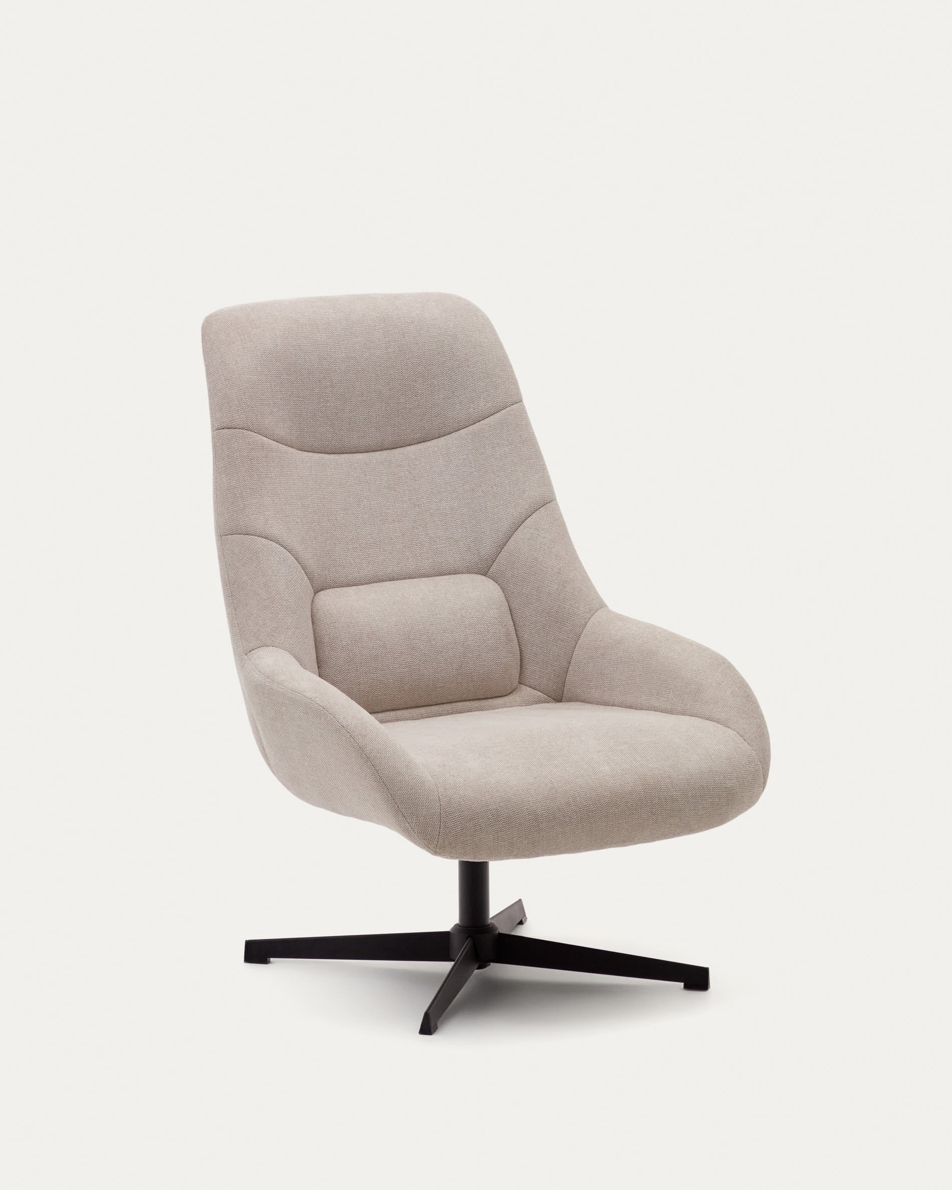 3D-Modell des Celida Drehsessels: Beigefarbenes Chenille, schwarzes Stahlgestell, drehbar, stilvoll und komfortabel.