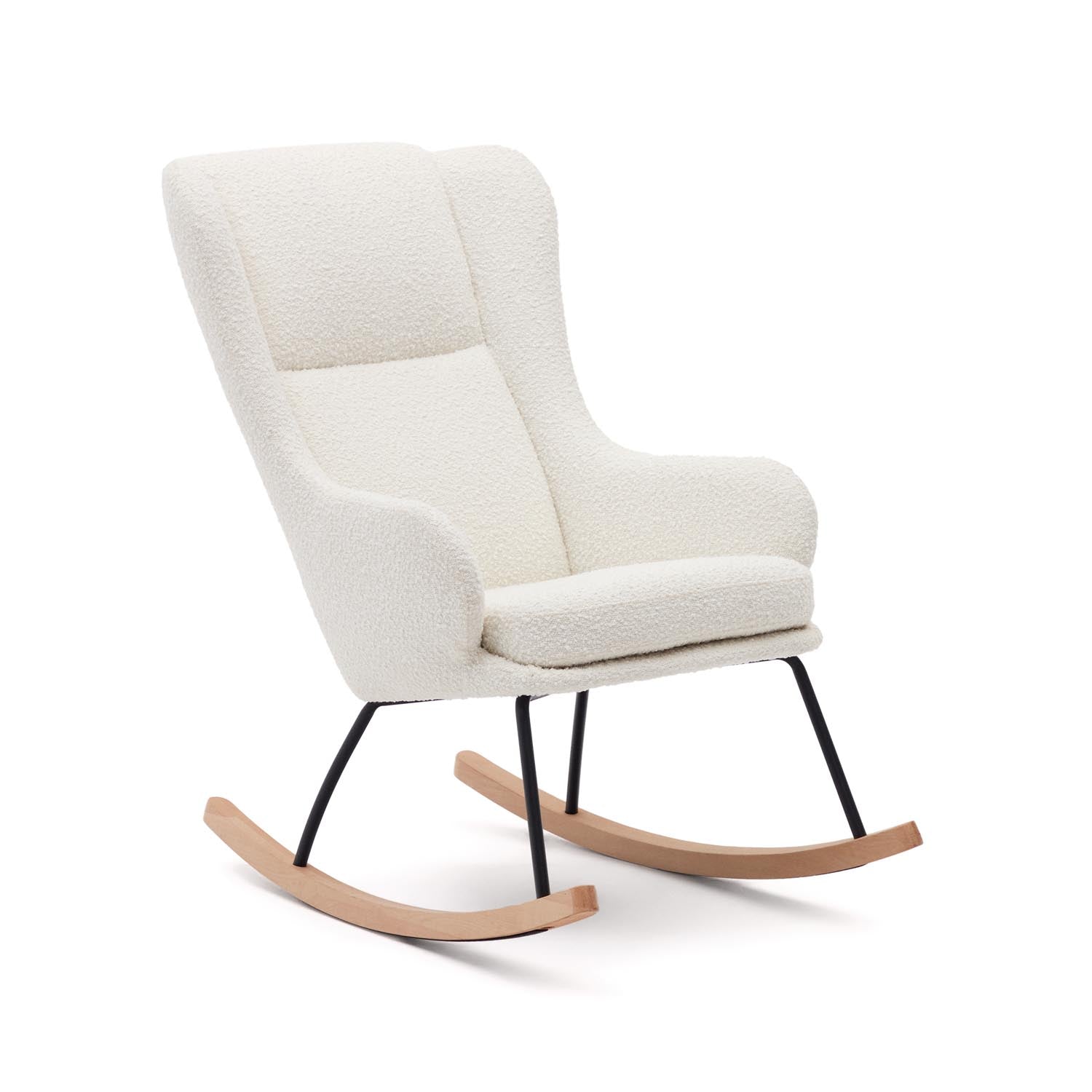 Eleganter Maustin Schaukelstuhl: Weißes Bouclé, Stahl- und Buchenholzgestell, Komfort und Stil für Ihr Zuhause.