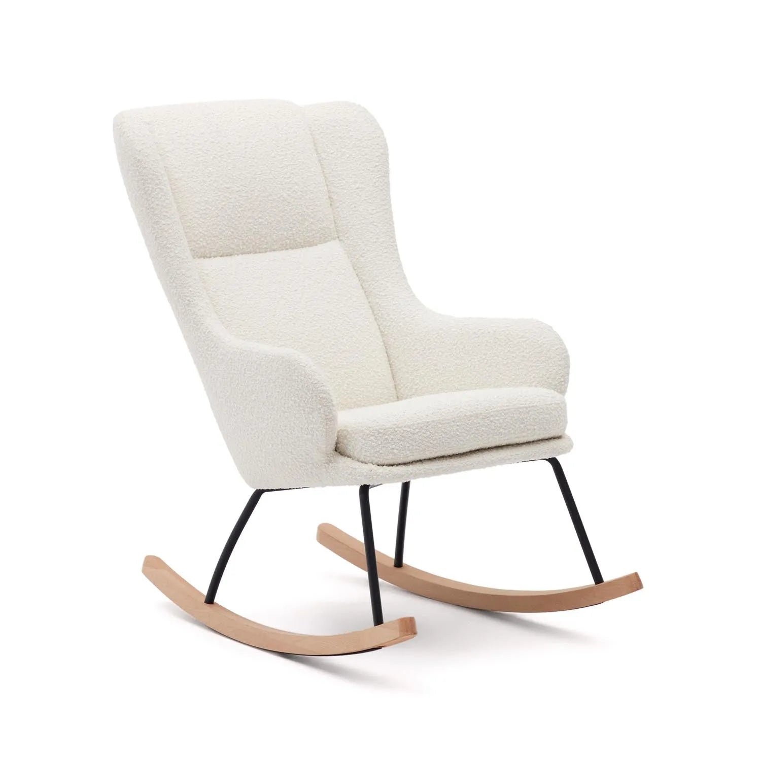 3D-Modell: Maustin Schaukelstuhl, weißes Bouclé, Stahl- und Buchenholzgestell, elegant und komfortabel.