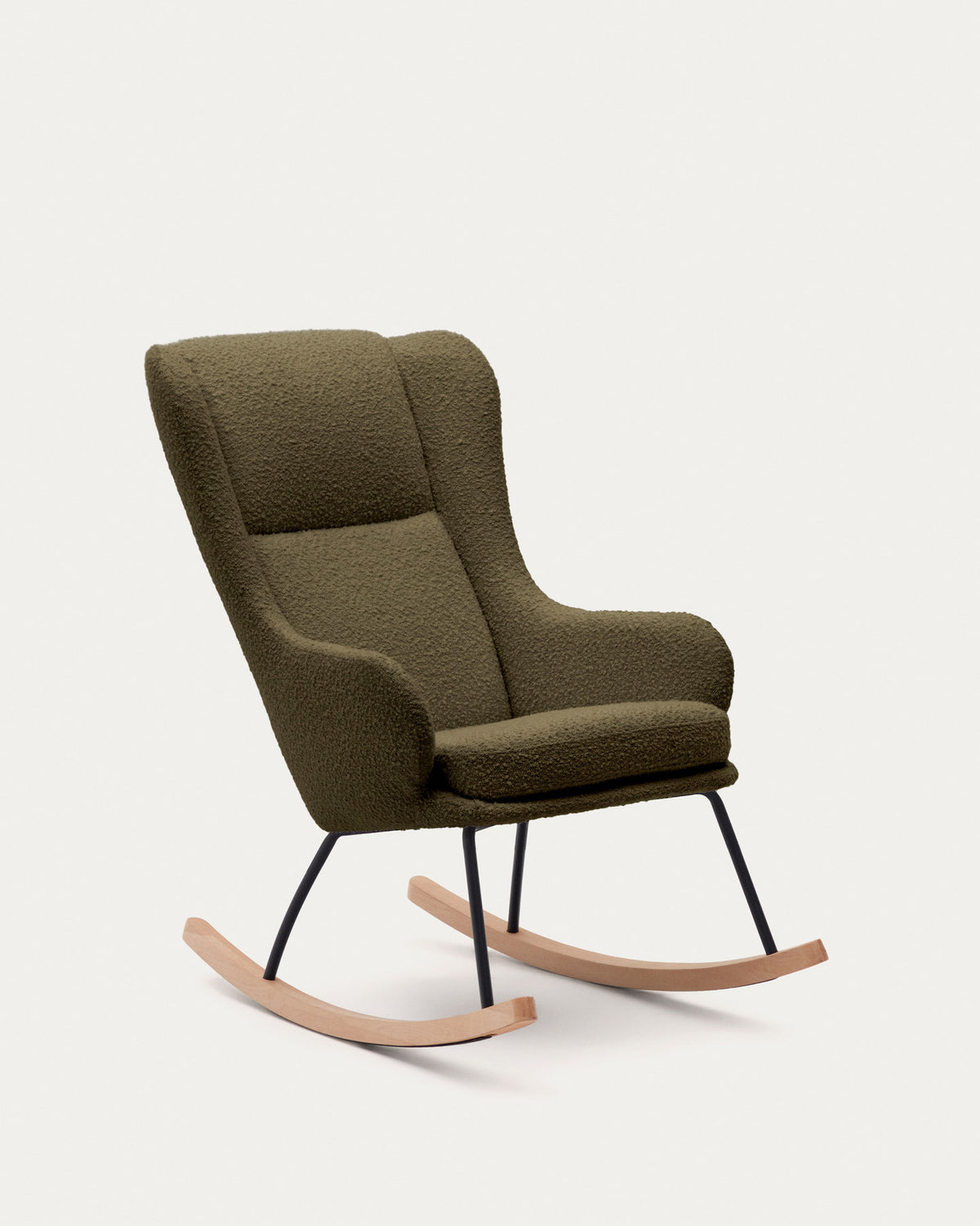 Maustin Schaukelstuhl mit dunkelgrünem Bouclé und Gestell aus Stahl und Buchenholz in Grün, Natur, Schwarz präsentiert im Onlineshop von KAQTU Design AG. Schaukelstuhl ist von Kave Home
