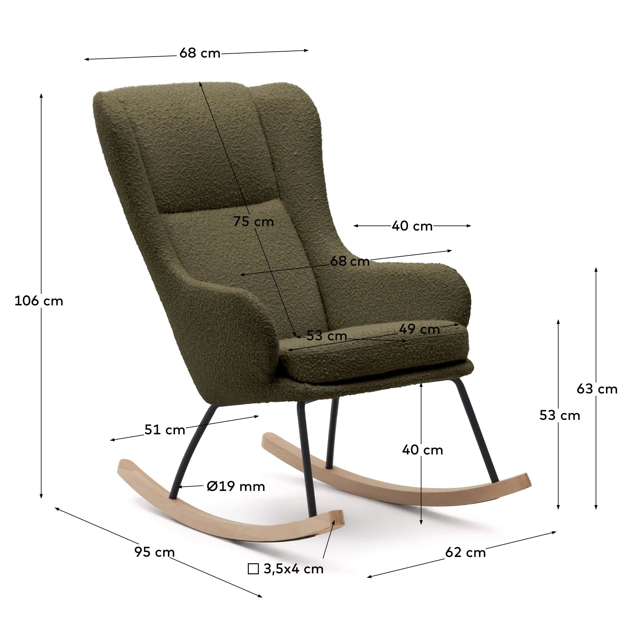 Eleganter Schaukelstuhl mit dunkelgrünem Bouclé, Stahl- und Buchenholzgestell, ideal für stilvolle Entspannung.