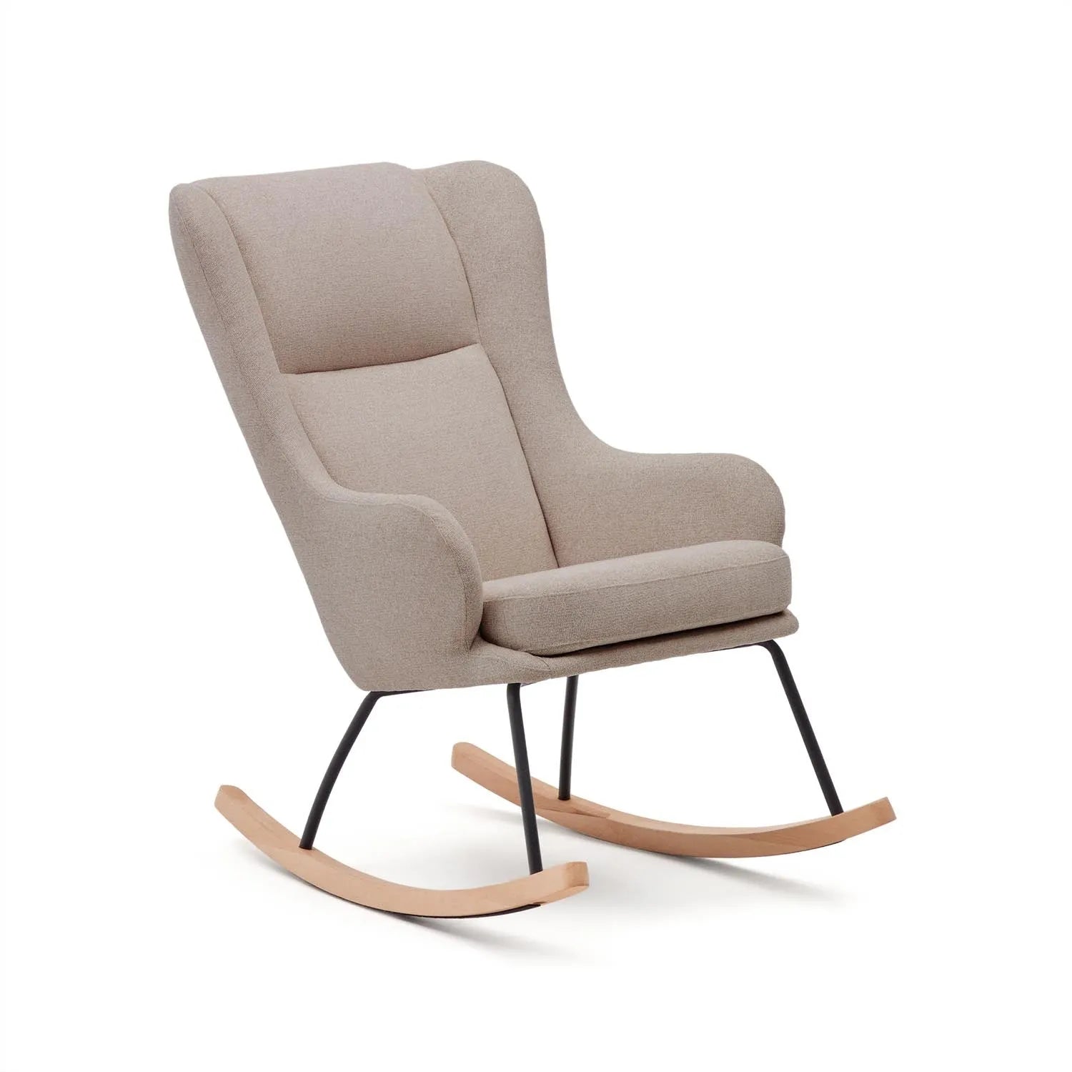 Eleganter beige Chenille-Schaukelstuhl mit Stahl- und Buchenholzgestell, ideal für stilvollen Komfort.