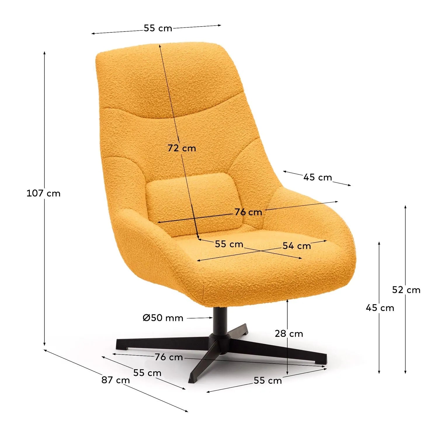 Der Celida Drehsessel vereint senffarbenes Bouclé mit schwarzem Stahl für stilvolle Eleganz und nachhaltigen Komfort.