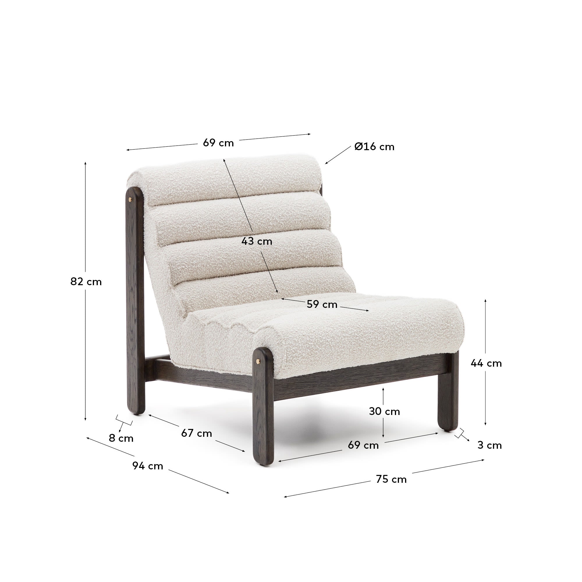 Entdecken Sie den Sessel Magira: Stilvolles weißes Bouclé trifft auf robustes Eichenholz, vereint in einem eleganten, komfortablen Design.