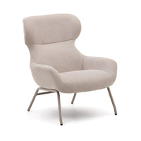 Poltrona Belina in ciniglia beige e acciaio con finitura bianca FSC 100%