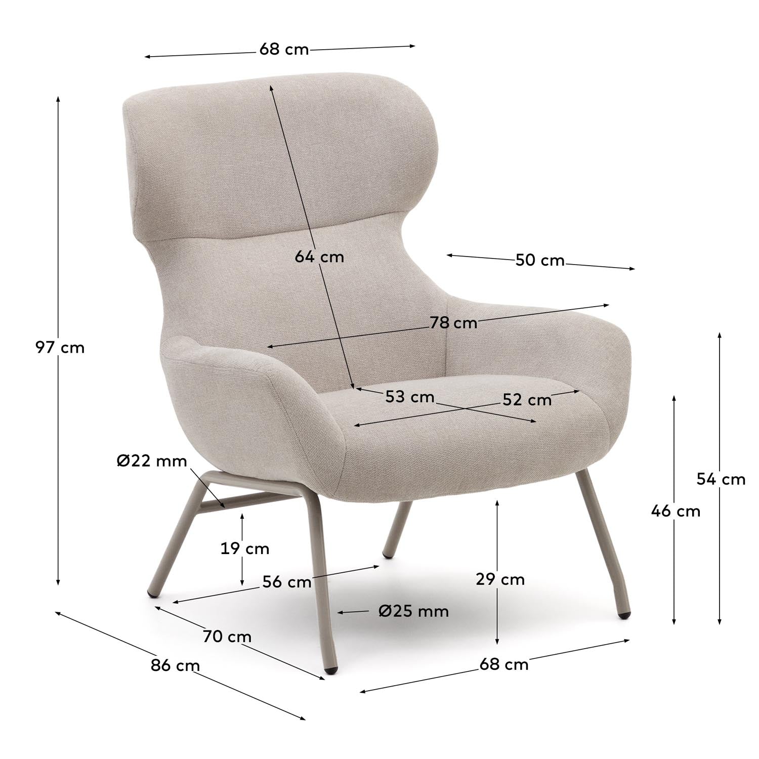 Eleganter Belina Sessel aus beigem Chenille mit stabilen Stahlbeinen in Weiß. Ideal für stilvolle Wohnräume und maximalen Komfort.